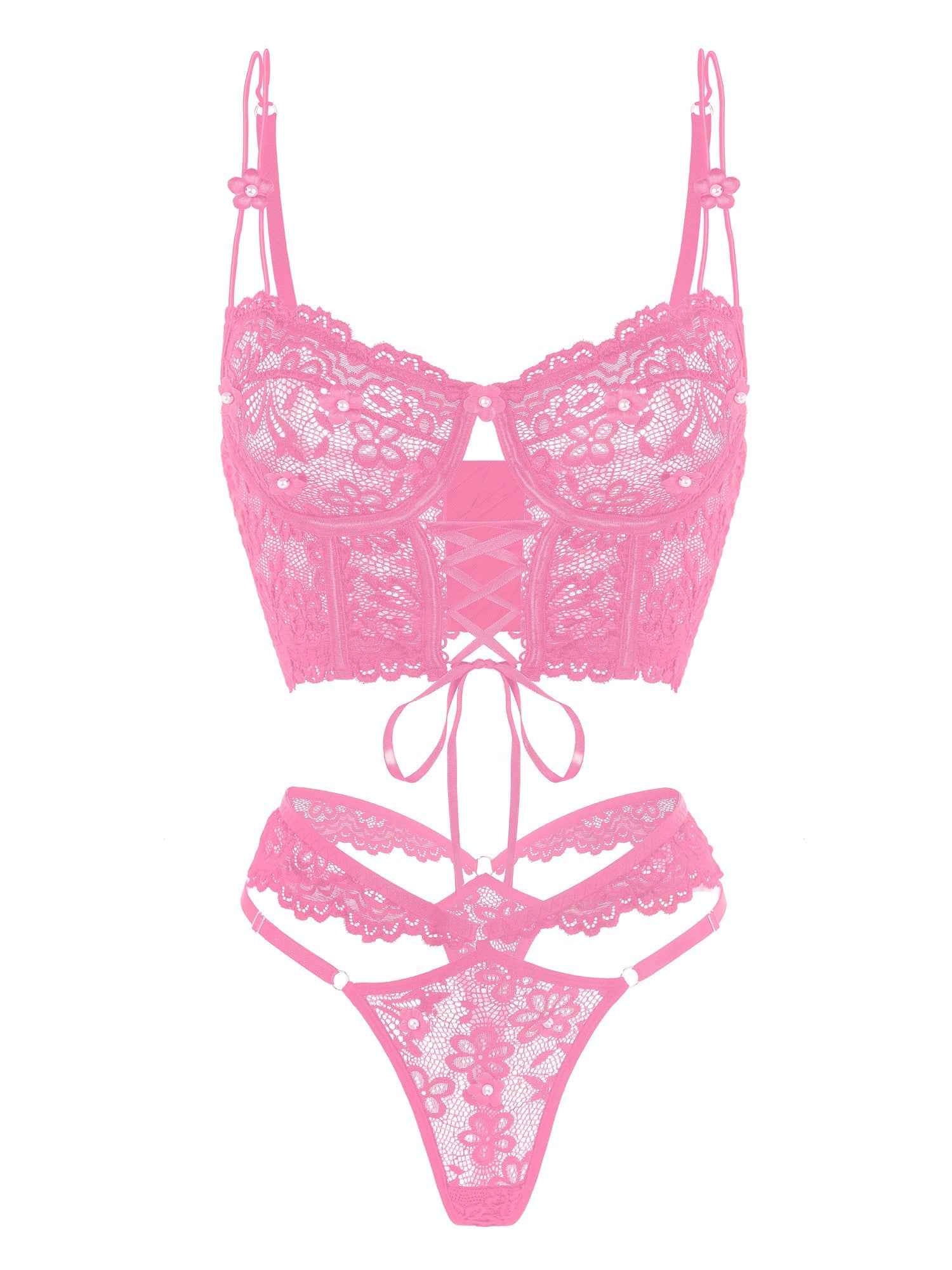 Pink Pearls Small Flower Lace Lingerie Set