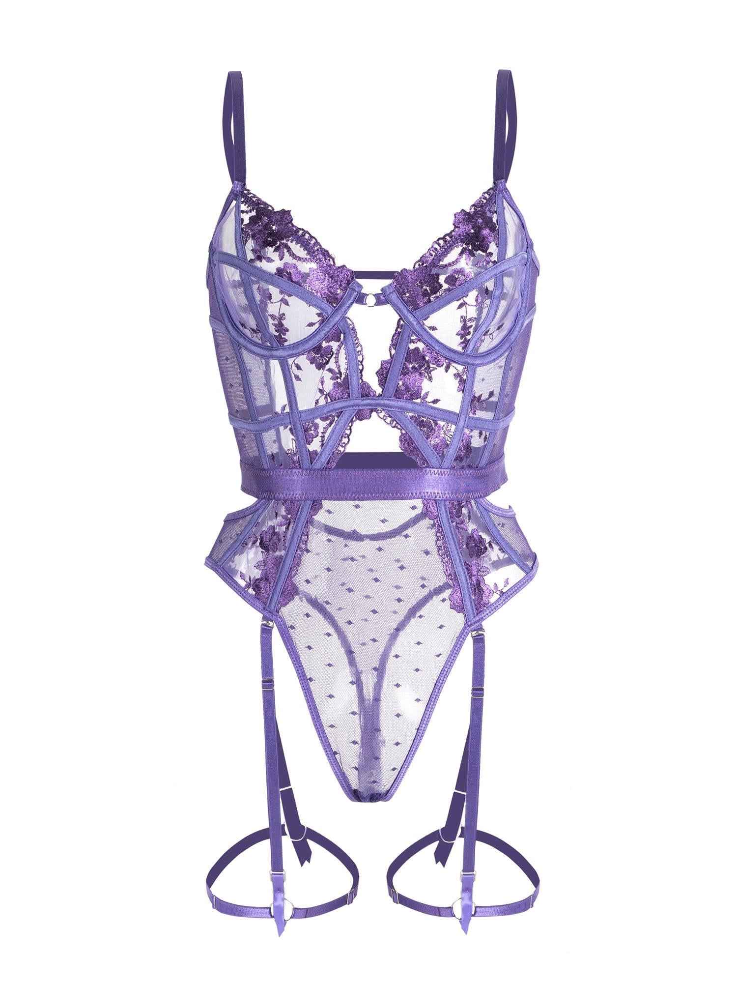 Purple Solid Elegant Embroidered Lace Bodysuit