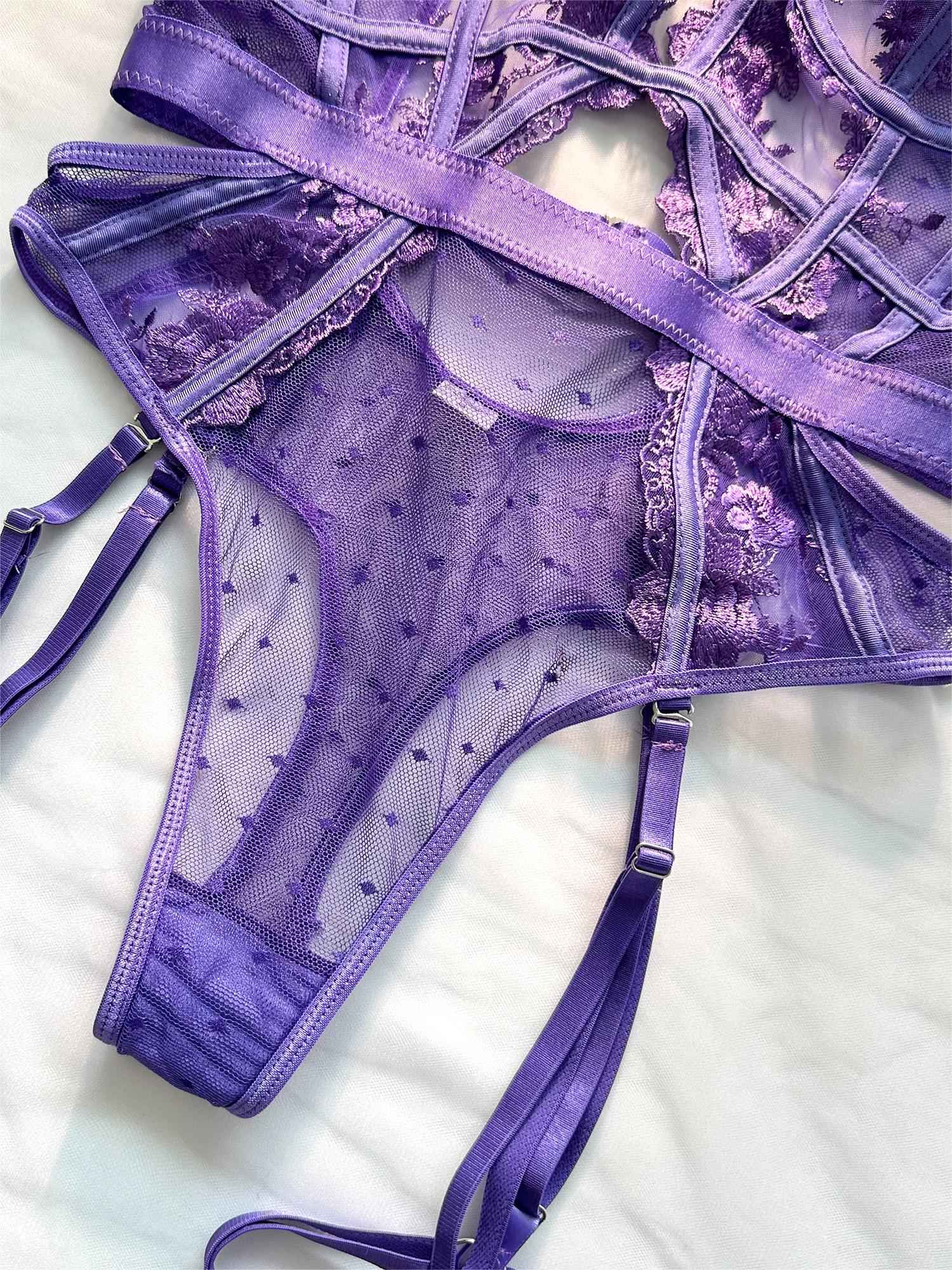 Purple Solid Elegant Embroidered Lace Bodysuit
