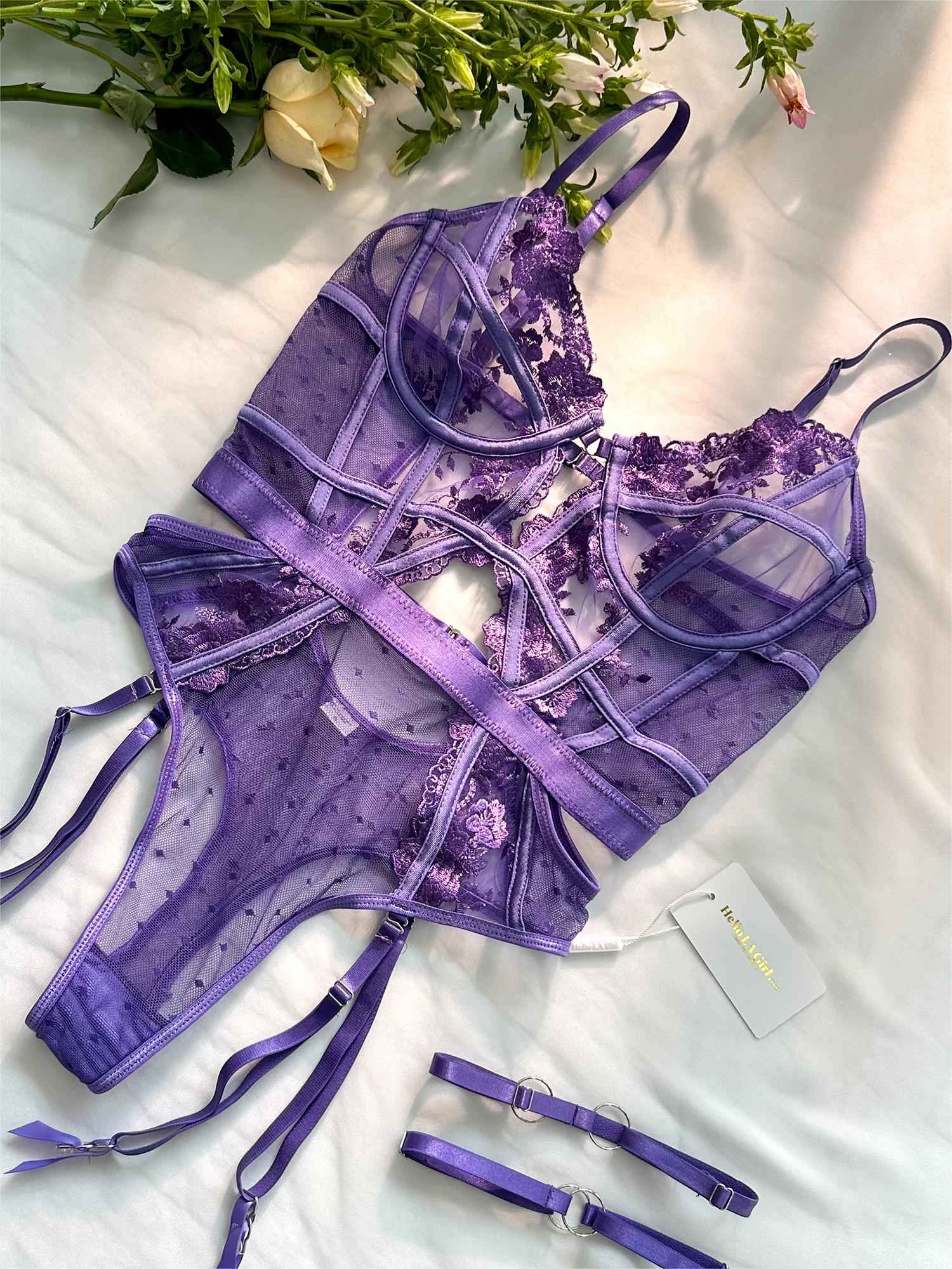 Purple Solid Elegant Embroidered Lace Bodysuit