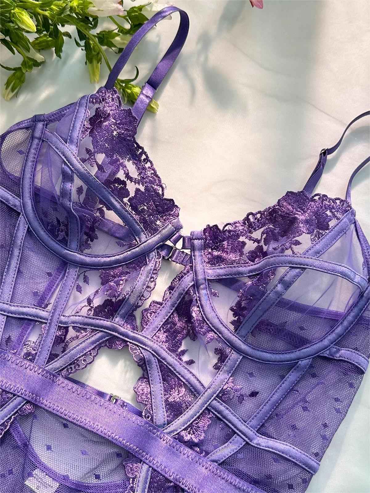 Purple Solid Elegant Embroidered Lace Bodysuit