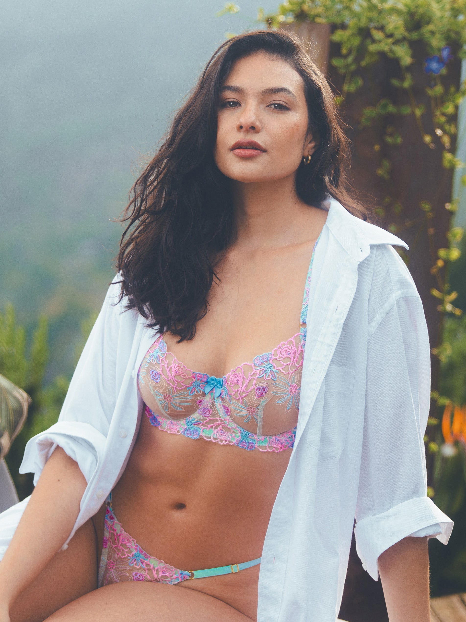 Blue Butterfly Bow Colorful Embroidered Flower Lingerie Set - DestGlow