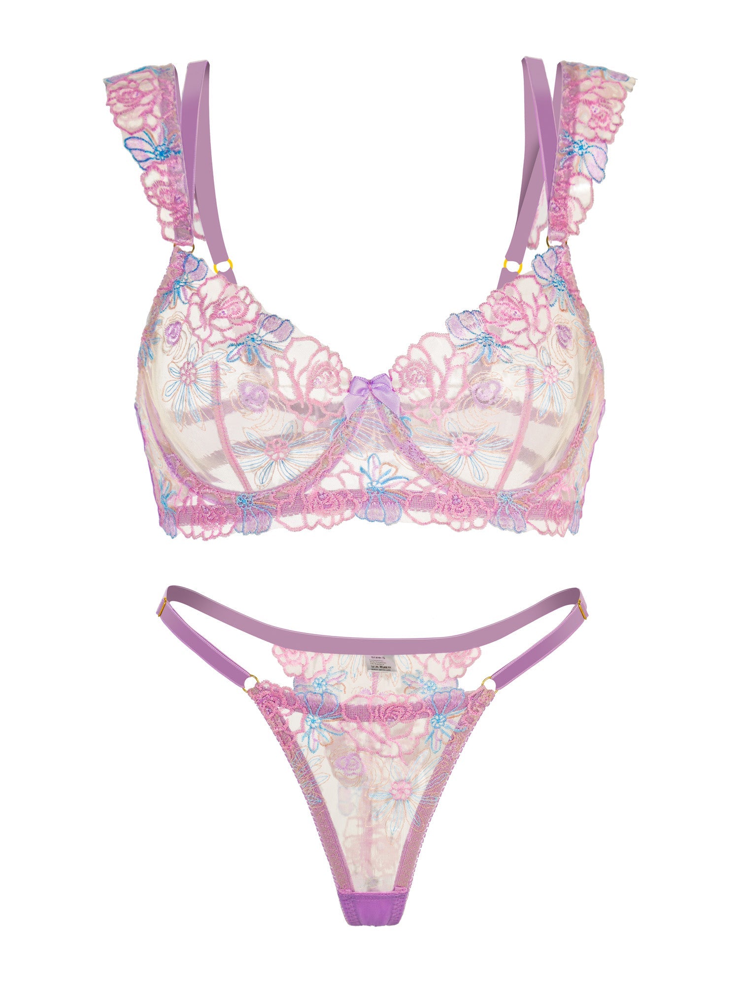 Purple Butterfly Bow Embroidered Flower Lingerie Set - DestGlow