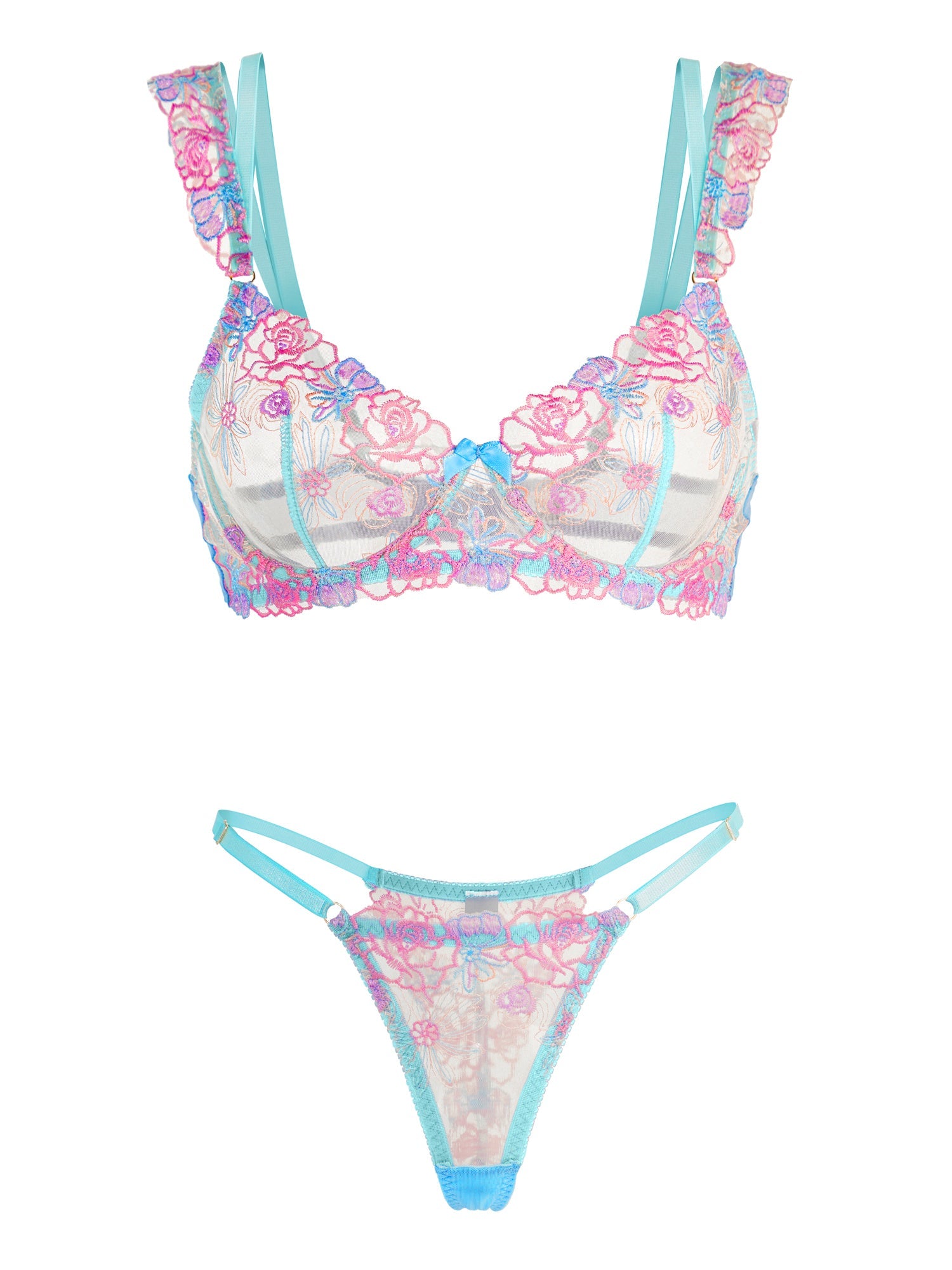 Blue Butterfly Bow Colorful Embroidered Flower Lingerie Set - DestGlow