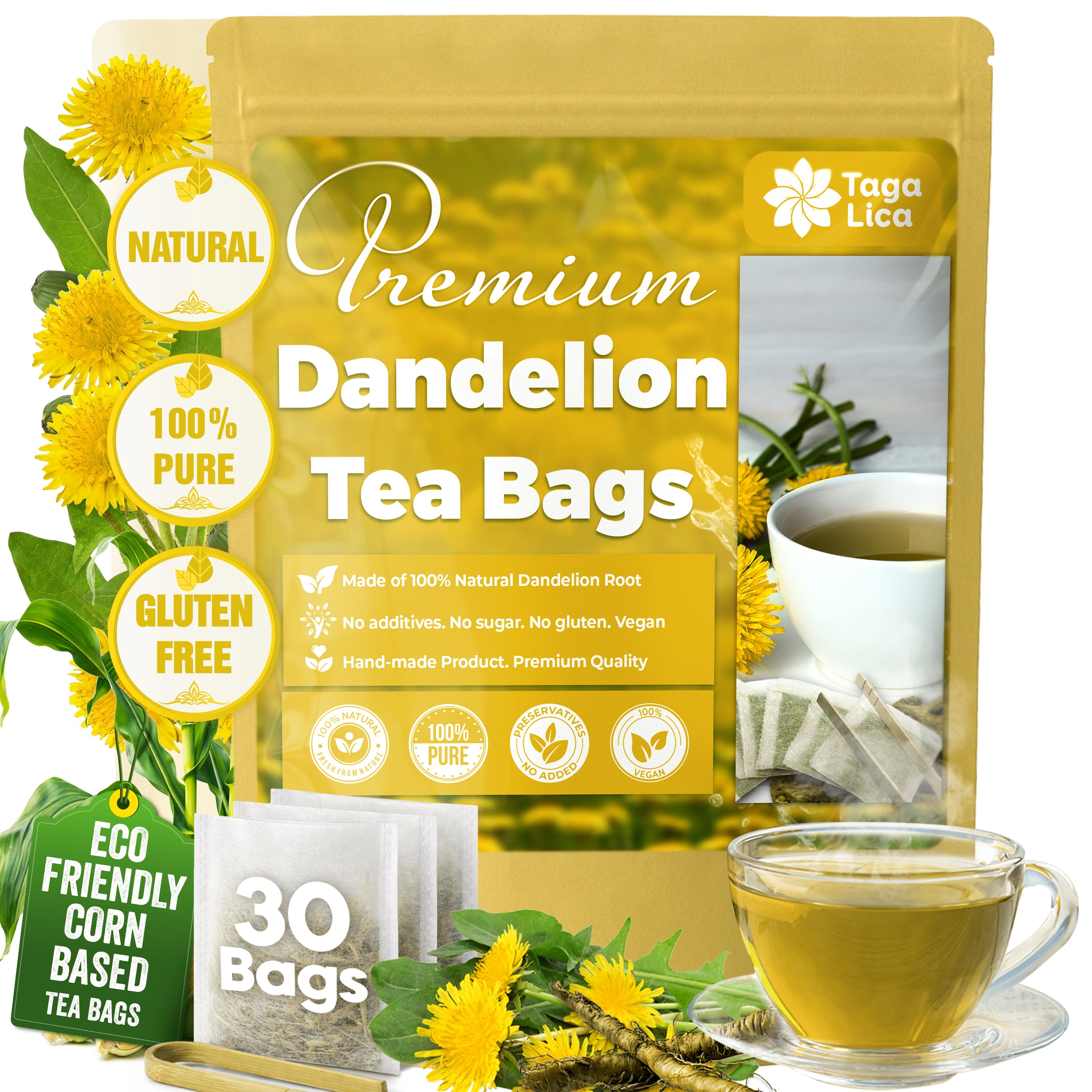 Dandelion Root Tea Bags, 100% Natural & Pure from Dandelion Root, Eco-Conscious Tea Bags, Dandelion Root Herbal Tea. Dandelion Root Tea. No Sugar, No Caffeine, No Gluten, Vegan. by FreshDrinkUS - Natural and Premium Herbal Tea