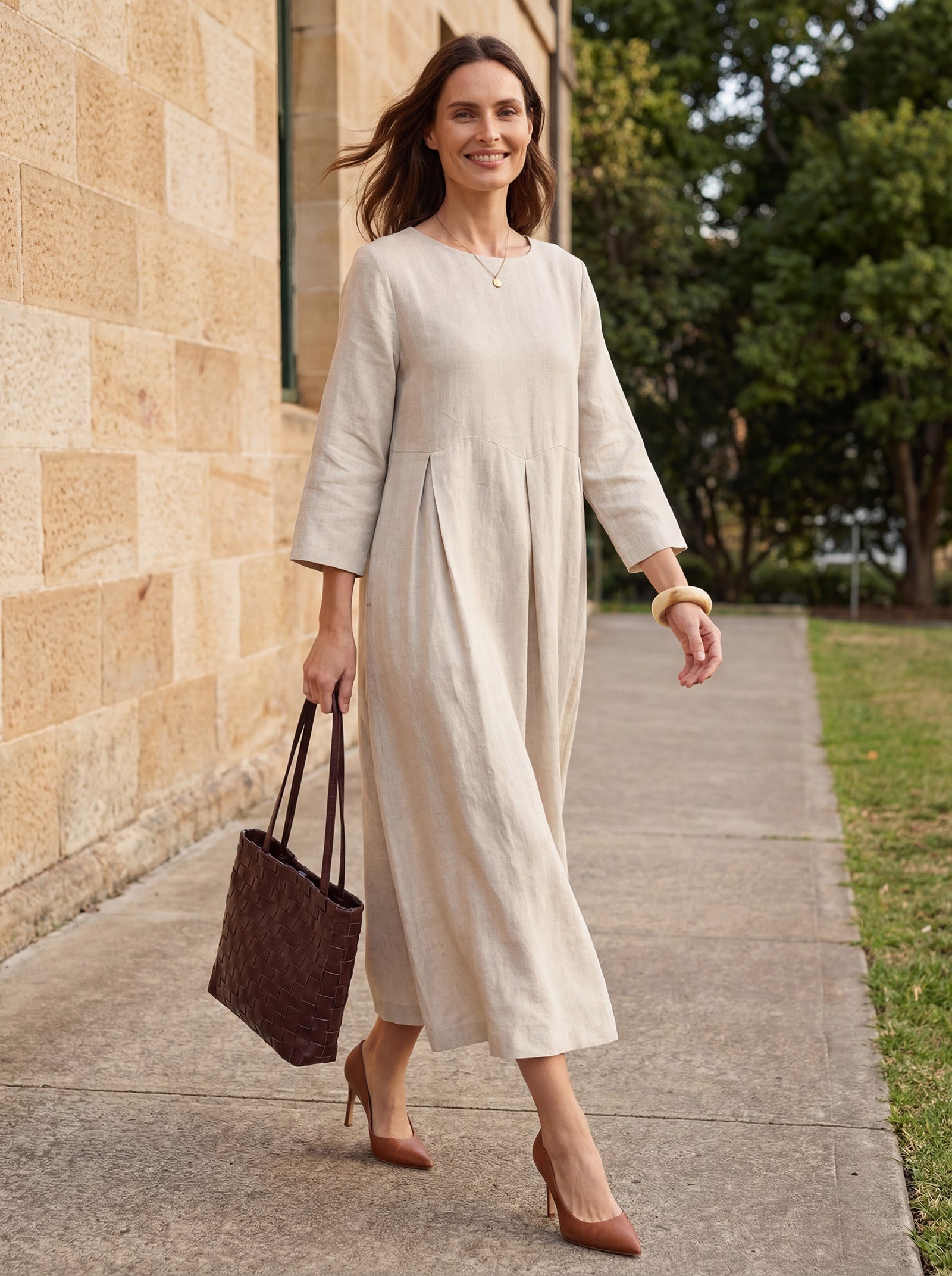 100% Linen Bateau Neck Pleated Midi Dress ABIGAIL DestGlow
