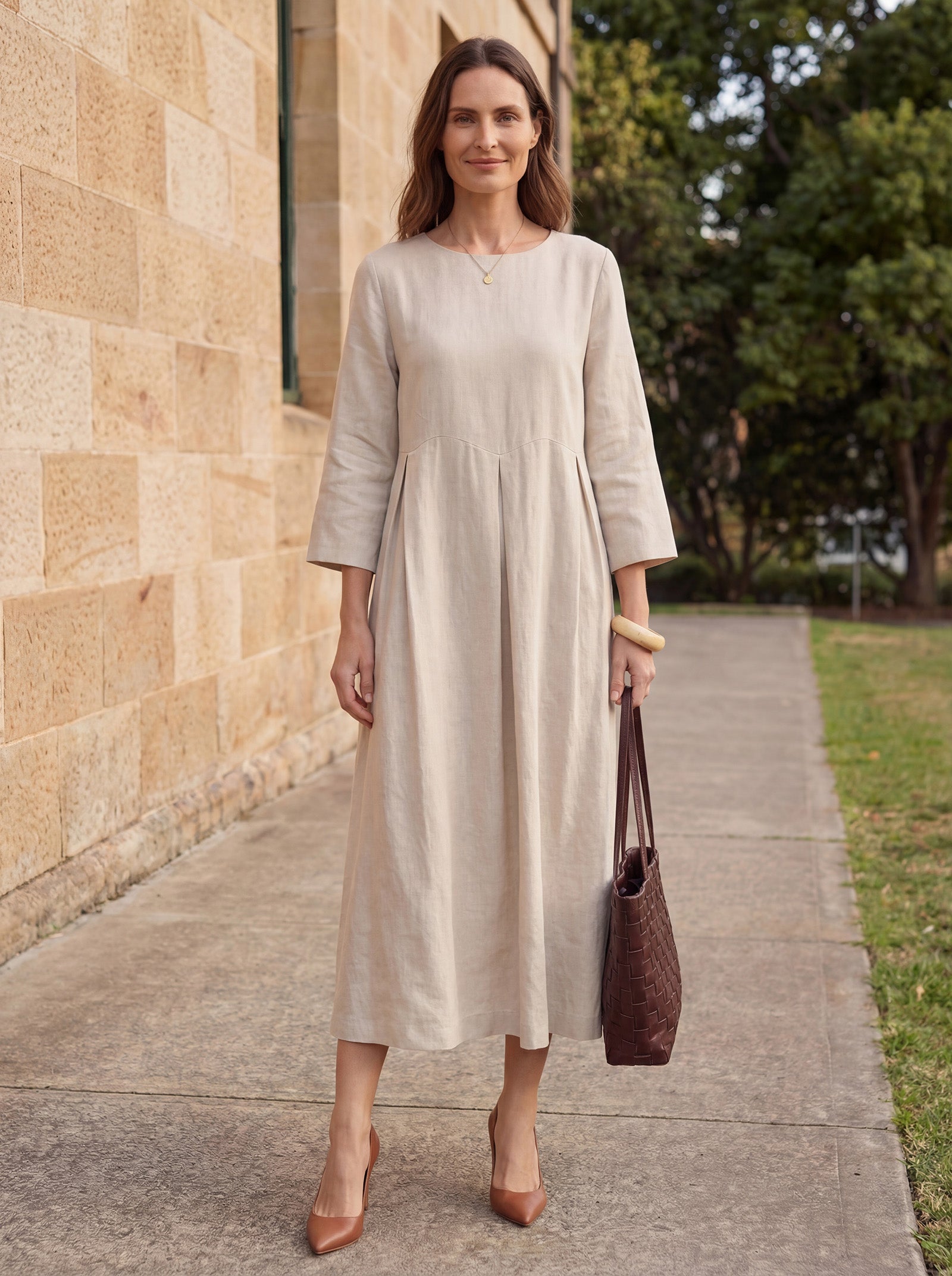 100% Linen Bateau Neck Pleated Midi Dress ABIGAIL DestGlow