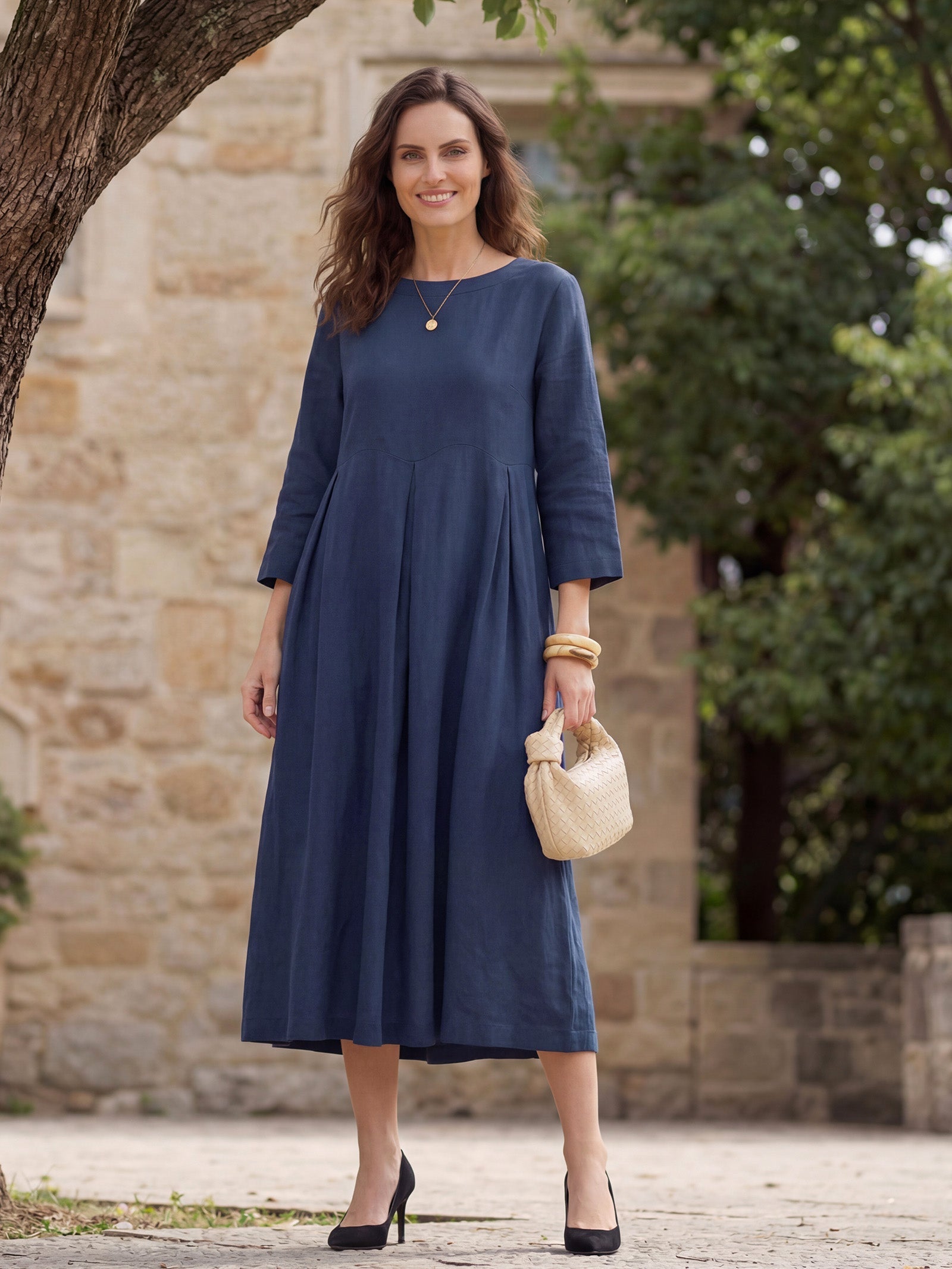 100% Linen Bateau Neck Pleated Midi Dress ABIGAIL DestGlow