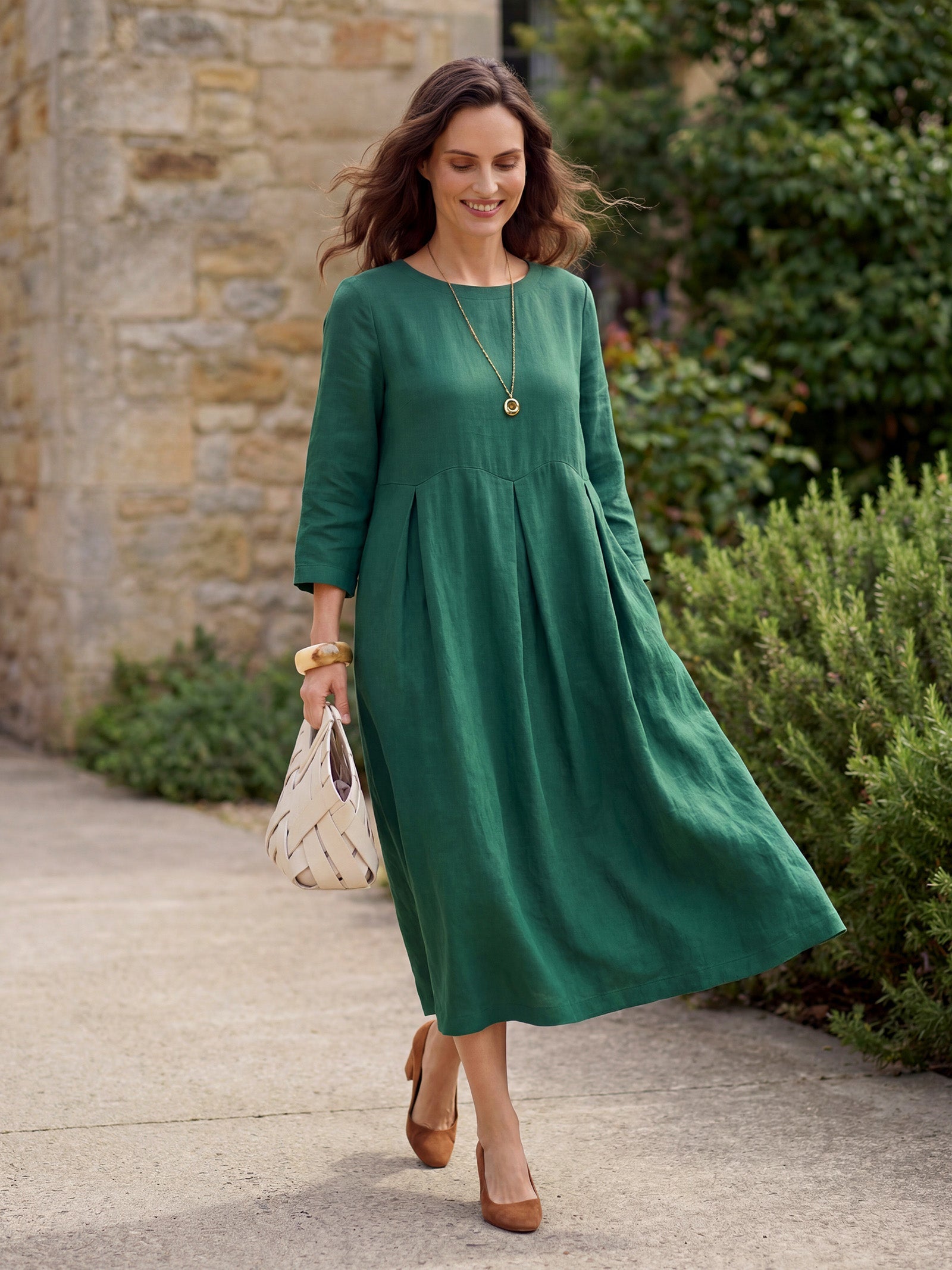 100% Linen Bateau Neck Pleated Midi Dress ABIGAIL DestGlow