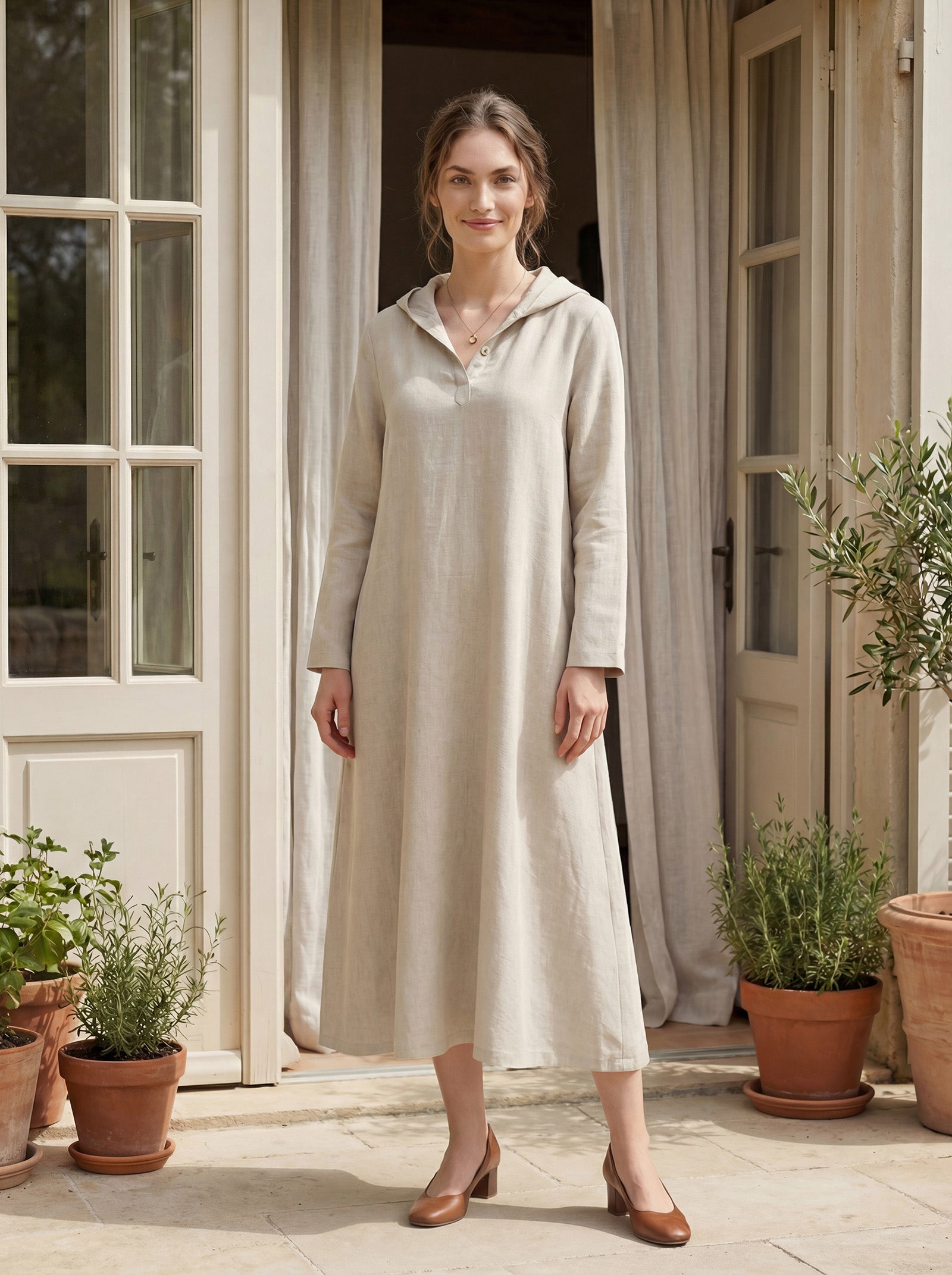 100% Linen Hooded Pullover Maxi Dress REBECCA by LINTICO