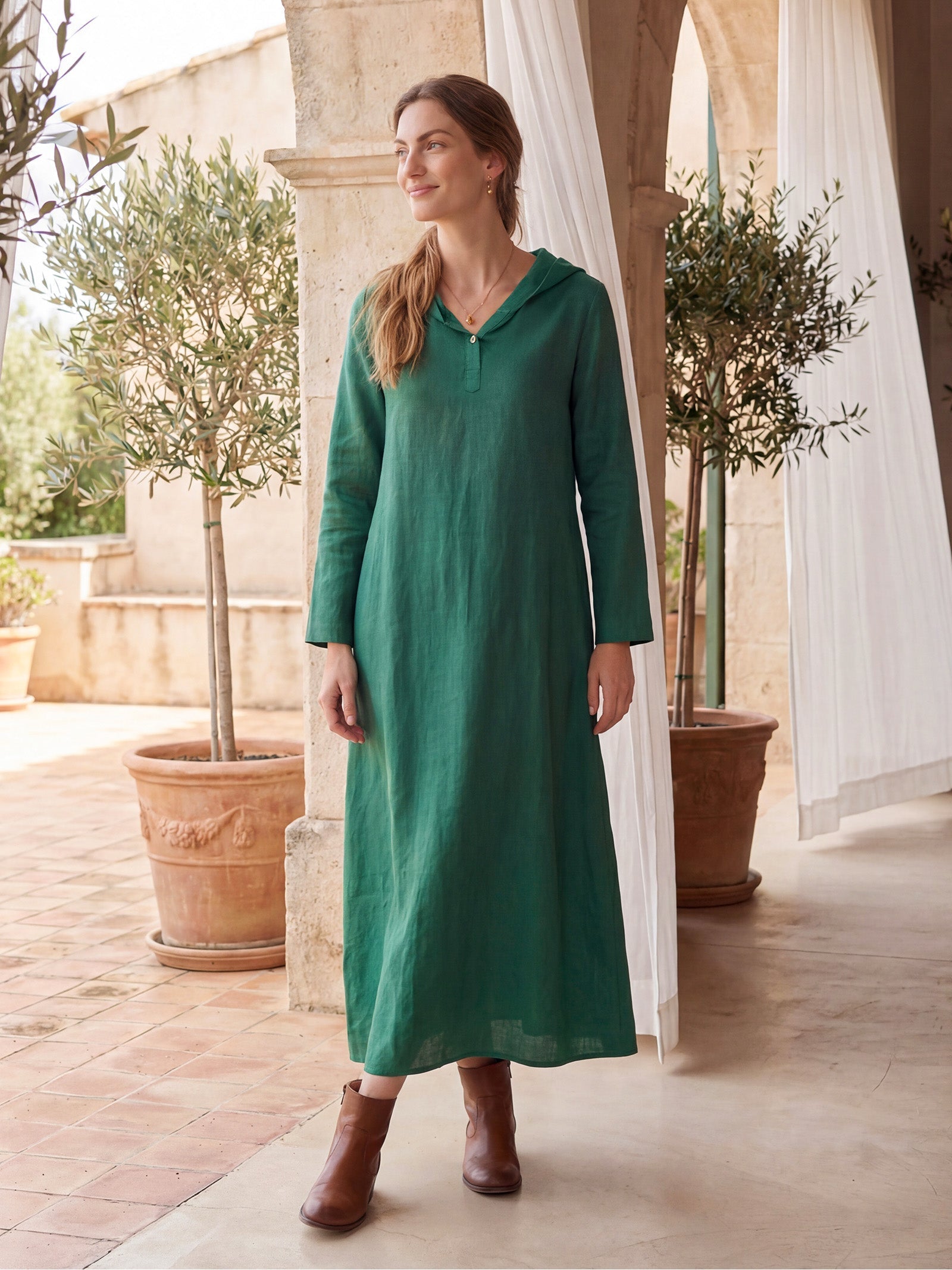 100% Linen Hooded Pullover Maxi Dress REBECCA DestGlow