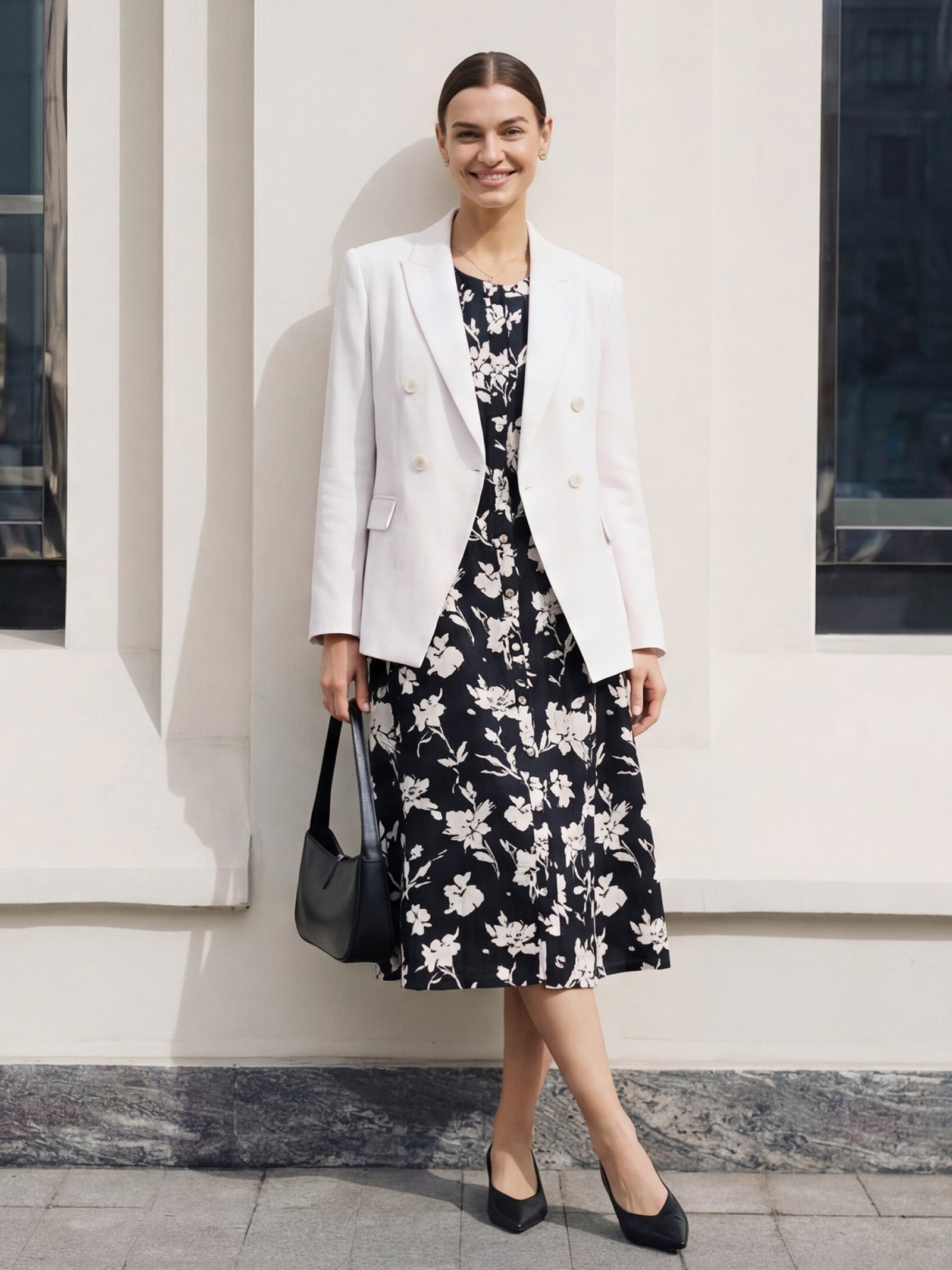 100% Linen Floral Printed Gathered Midi Dress ELODIE