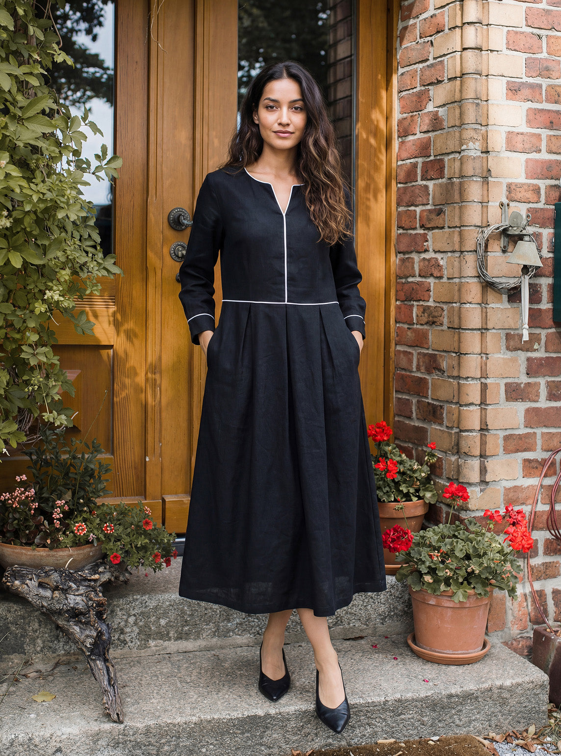 Linen-Lyocell Contrast Trim Gathered Midi Dress NYX DestGlow