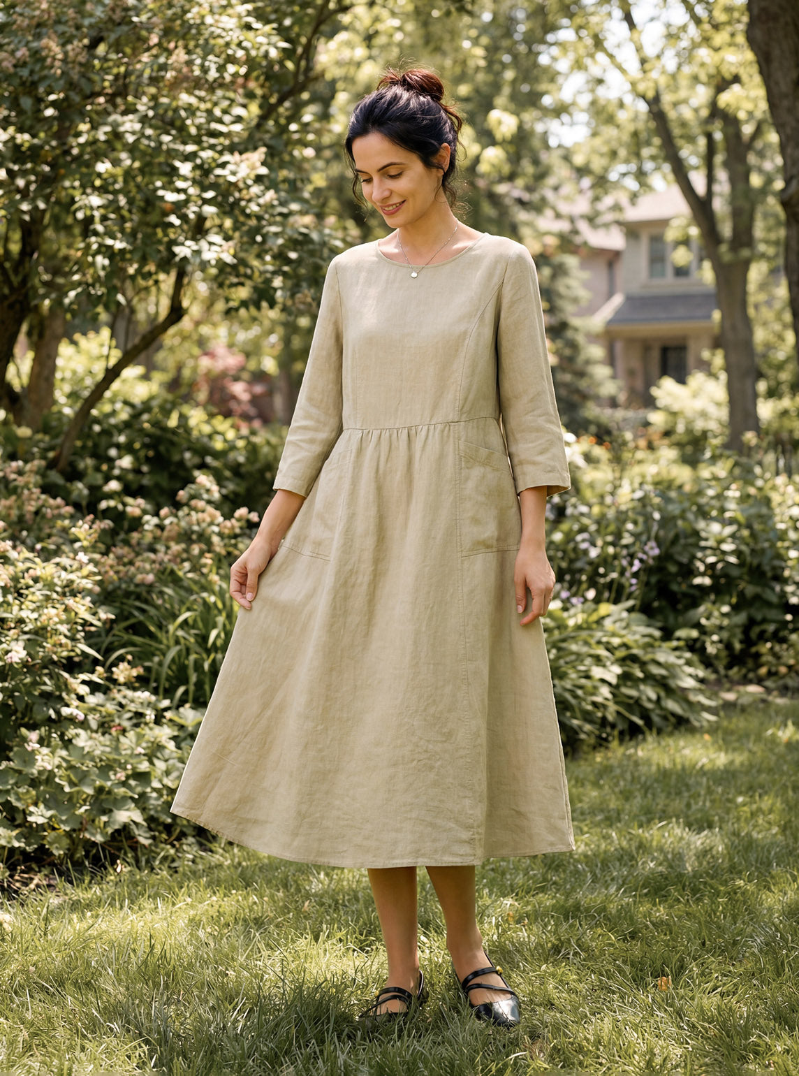 100% Linen Shirred Waistline Patch Pocket Maxi Dress MARCELLA by LINTICO