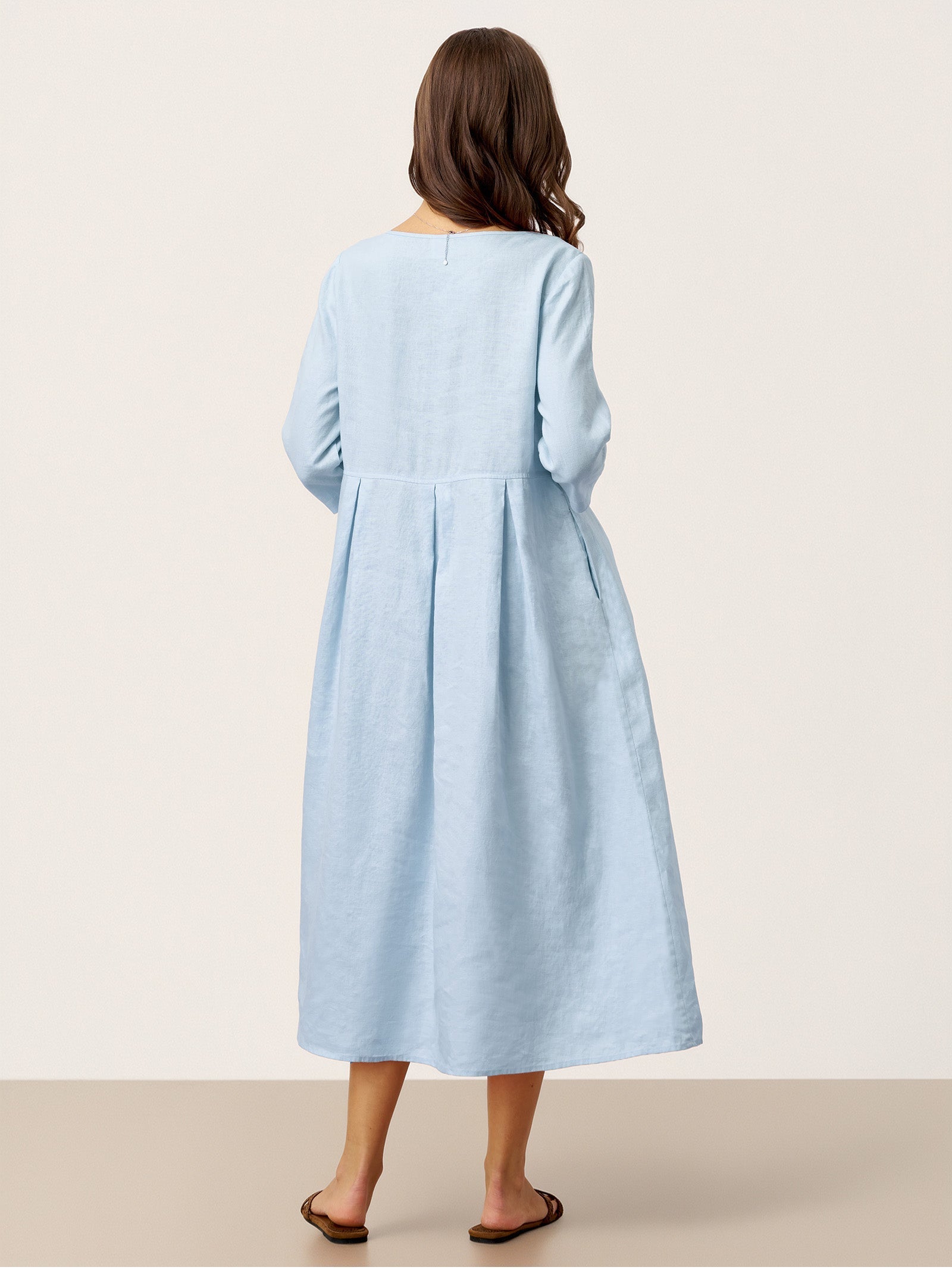 100% Linen Crescent Neck Decorative Button Waist Pleated Midi Dress GWENYTH DestGlow