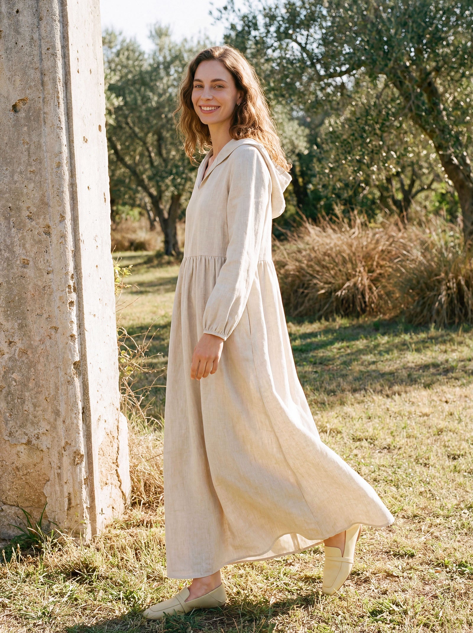 100% Linen Sculpted-Hood Caftan Midi Dress LINETTE by LINTICO