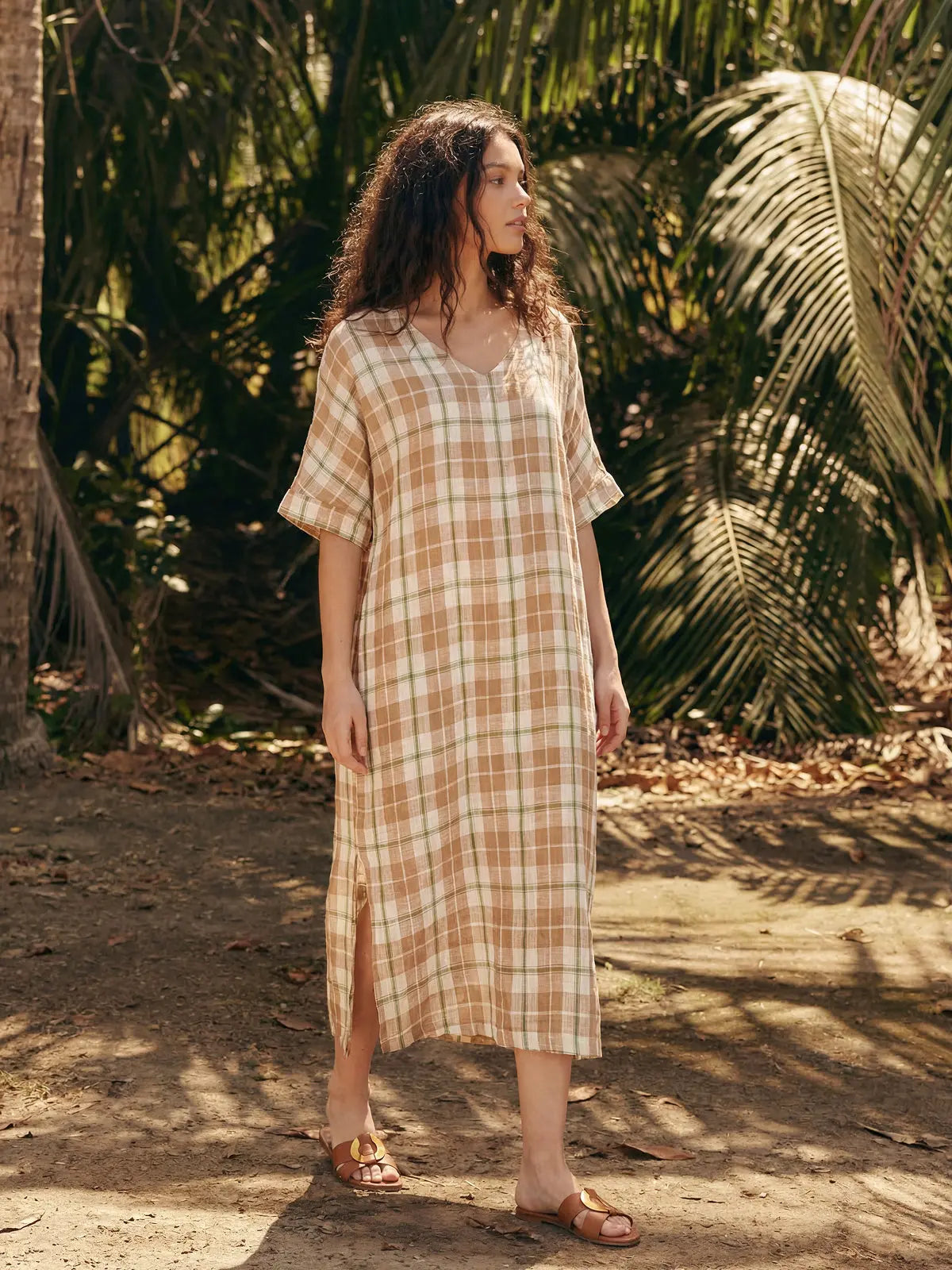 100% Linen Plaid Deep V-Neck Drop Shoulder Side Slit Midi Dress LESLIE by LINTICO