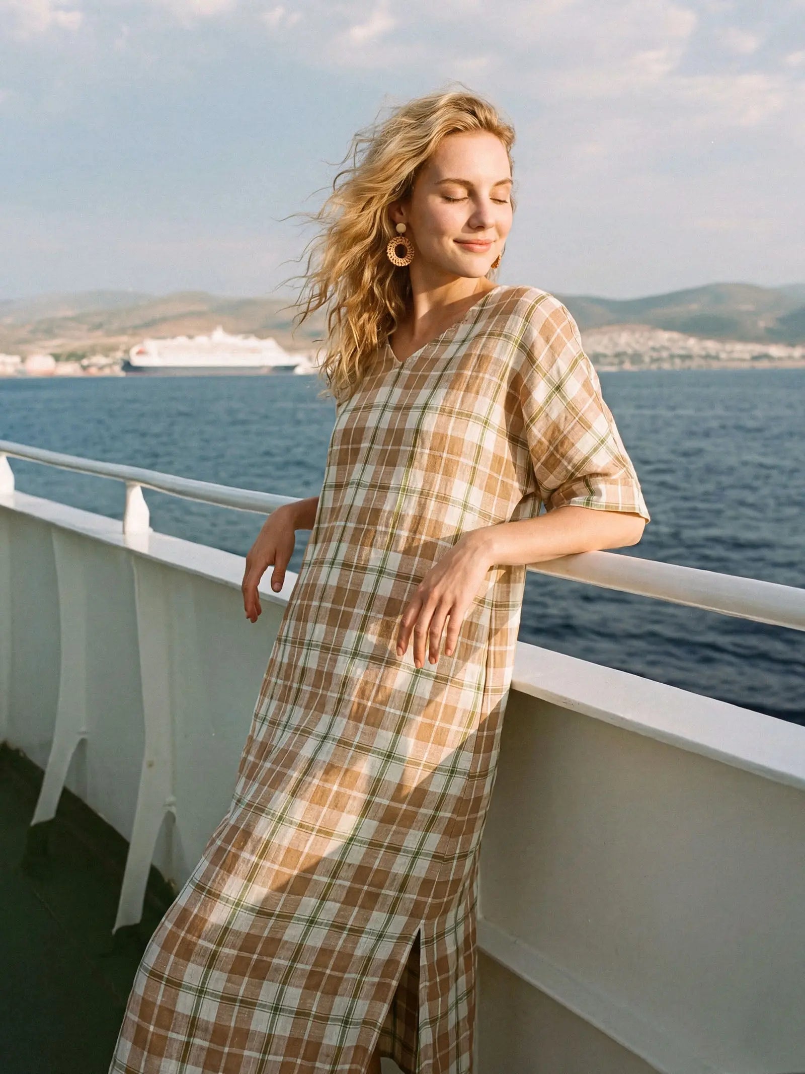 100% Linen Plaid Deep V-Neck Drop Shoulder Side Slit Midi Dress LESLIE by LINTICO