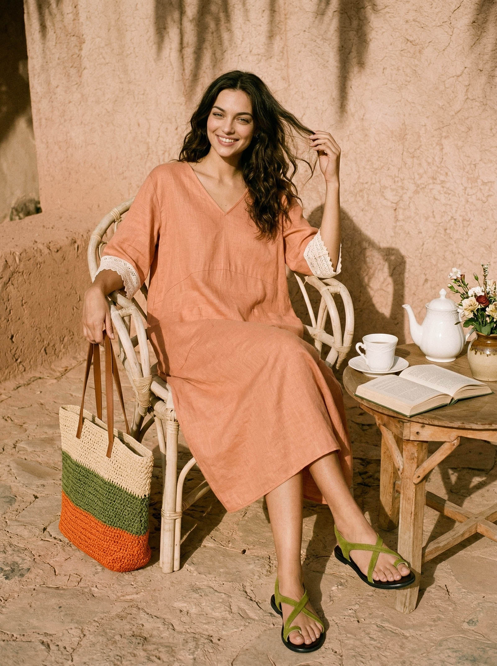 100% Linen Lace-Cuff Cocoon Midi Dress PETRA by LINTICO