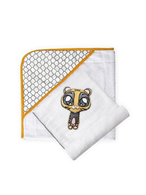 3-Piece Newborn Essential Gift Set - Hooded Towel, Swaddle & Toy Rattle
