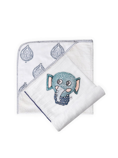 3-Piece Newborn Essential Gift Set - Hooded Towel, Swaddle & Toy Rattle