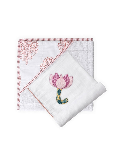 3-Piece Newborn Essential Gift Set - Hooded Towel, Swaddle & Toy Rattle