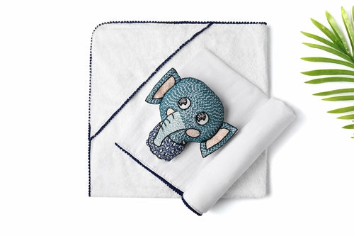 3-Piece Newborn Essential Gift Set - Hooded Towel, Swaddle & Toy Rattle