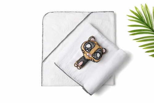 3-Piece Newborn Essential Gift Set - Hooded Towel, Swaddle & Toy Rattle