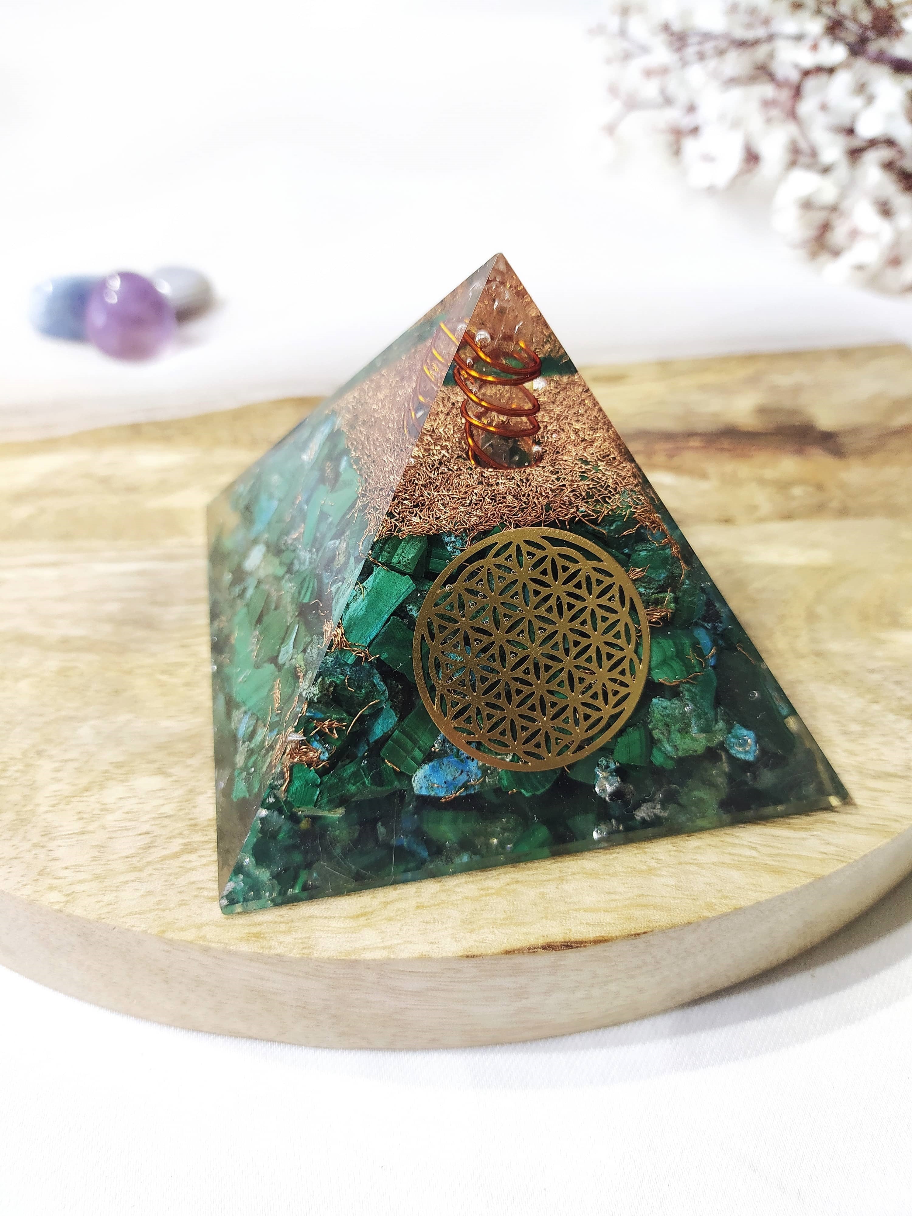 Malachite Orgone Pyramid, Crystal Energy Pyramid DestGlow