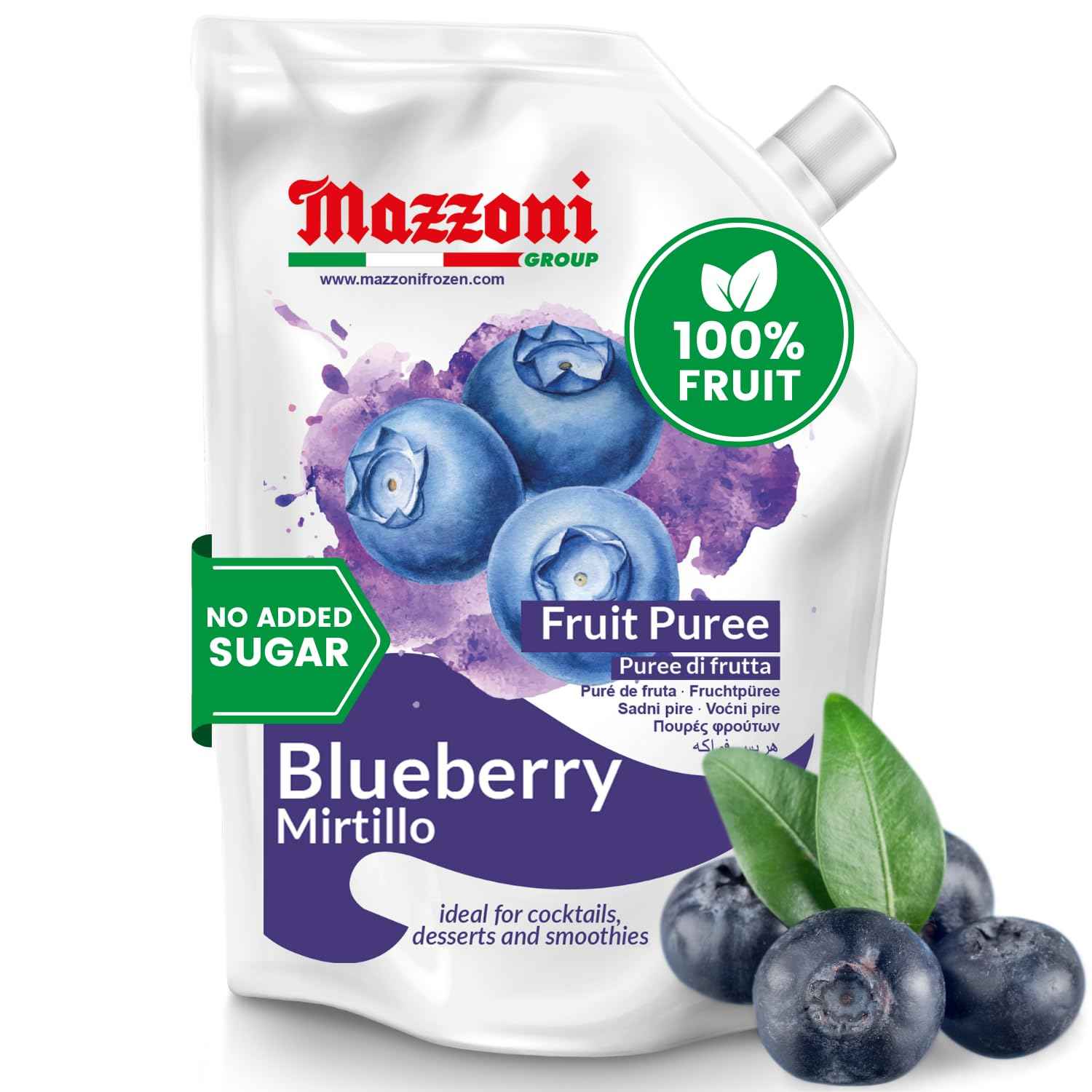 Mazzoni, Blueberry Puree, 100% Pure Blueberries, Just Fruit, No Sugar Added pouch 2.2 lb