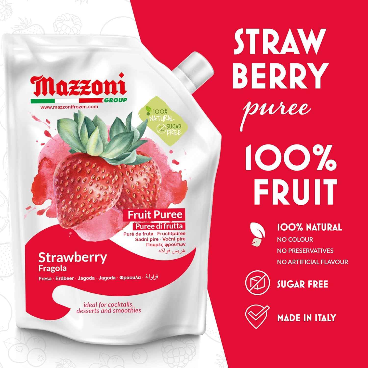 Mazzoni, Strawberry Puree, 100% Pure Strawberries, Just Fruit, No Sugar Added, pouch 2.2 lb