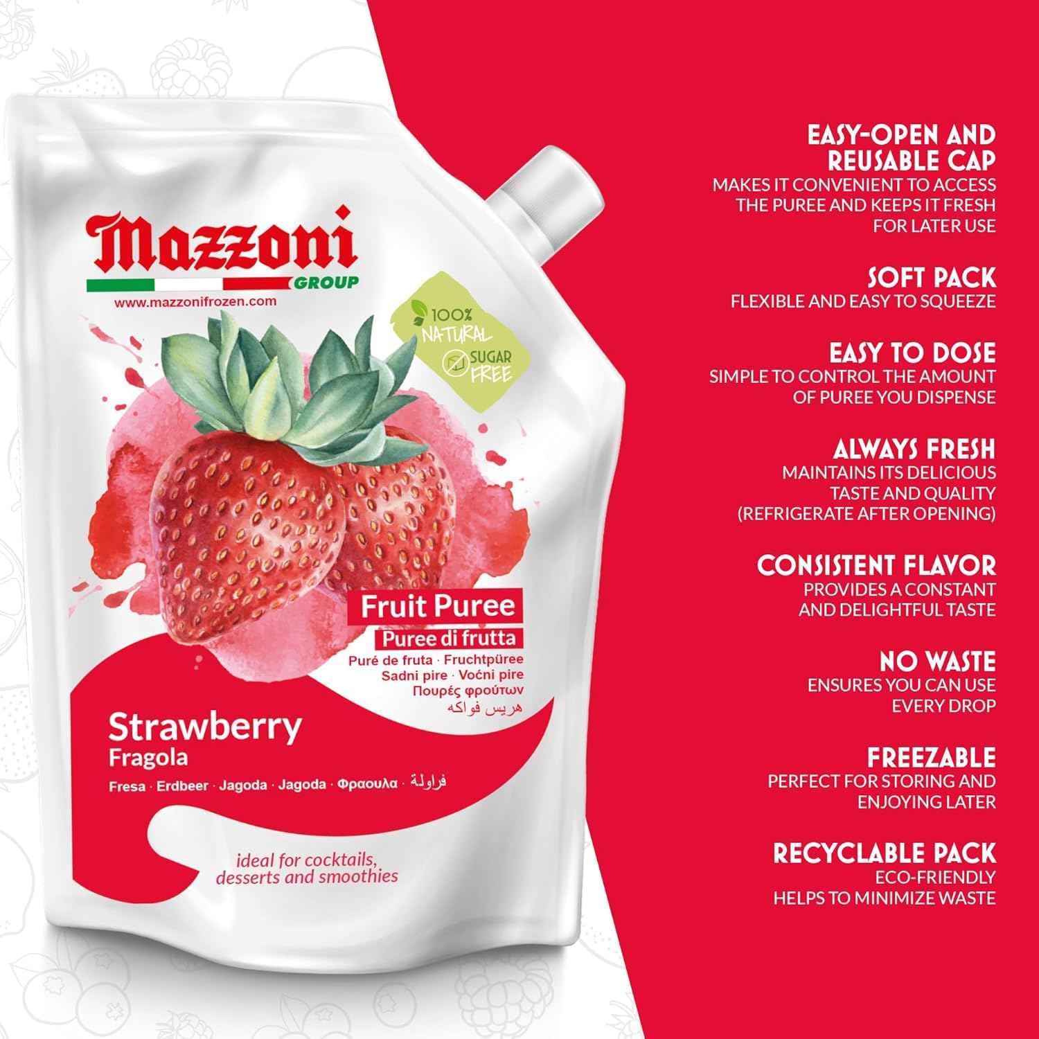 Mazzoni, Strawberry Puree, 100% Pure Strawberries, Just Fruit, No Sugar Added, pouch 2.2 lb
