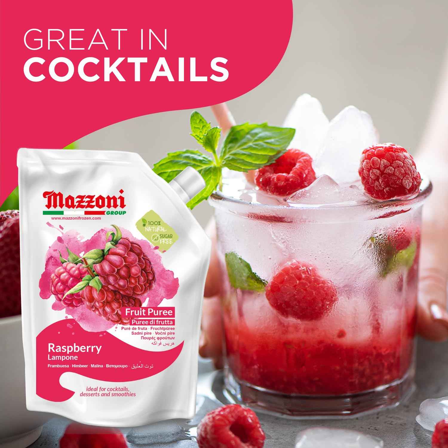 Mazzoni, Raspberry Puree, 100% Pure Raspberries, Just Fruit, No Sugar Added, 2.2 lb