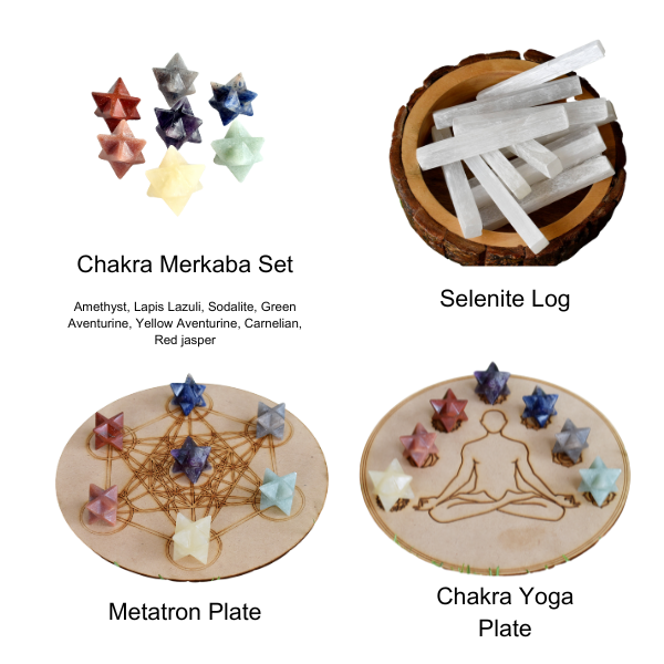 7 Chakra Merkaba Set, Chakra Crystals Set with Wooden Grid Plate, Selenite Log DestGlow