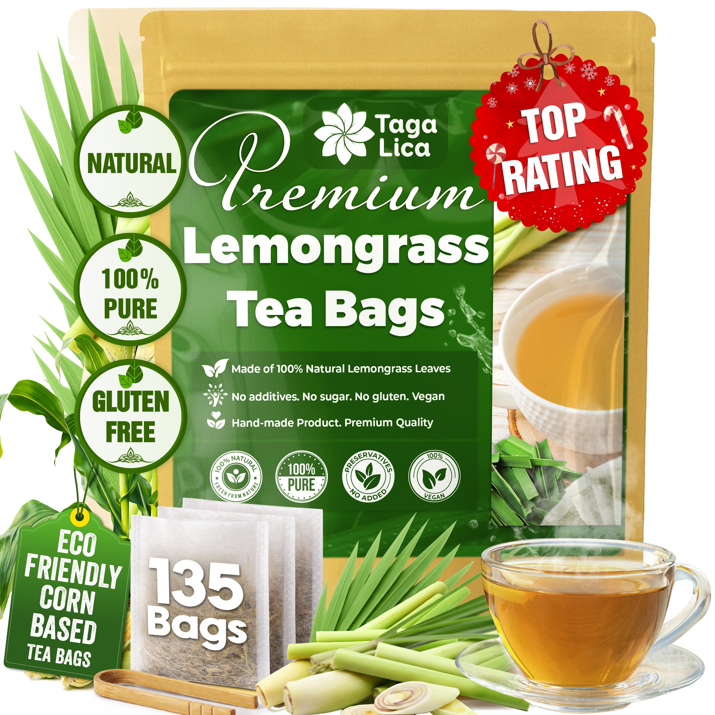 Lemongrass Tea Bags, 100% Natural & Pure Lemongrass leaves, Eco-Conscious Tea Bags, Lemongrass Herbal Tea. Lemongrass Leaf Tea. No Sugar, No Caffeine, No Gluten, Vegan. by FreshDrinkUS - Natural and Premium Herbal Tea