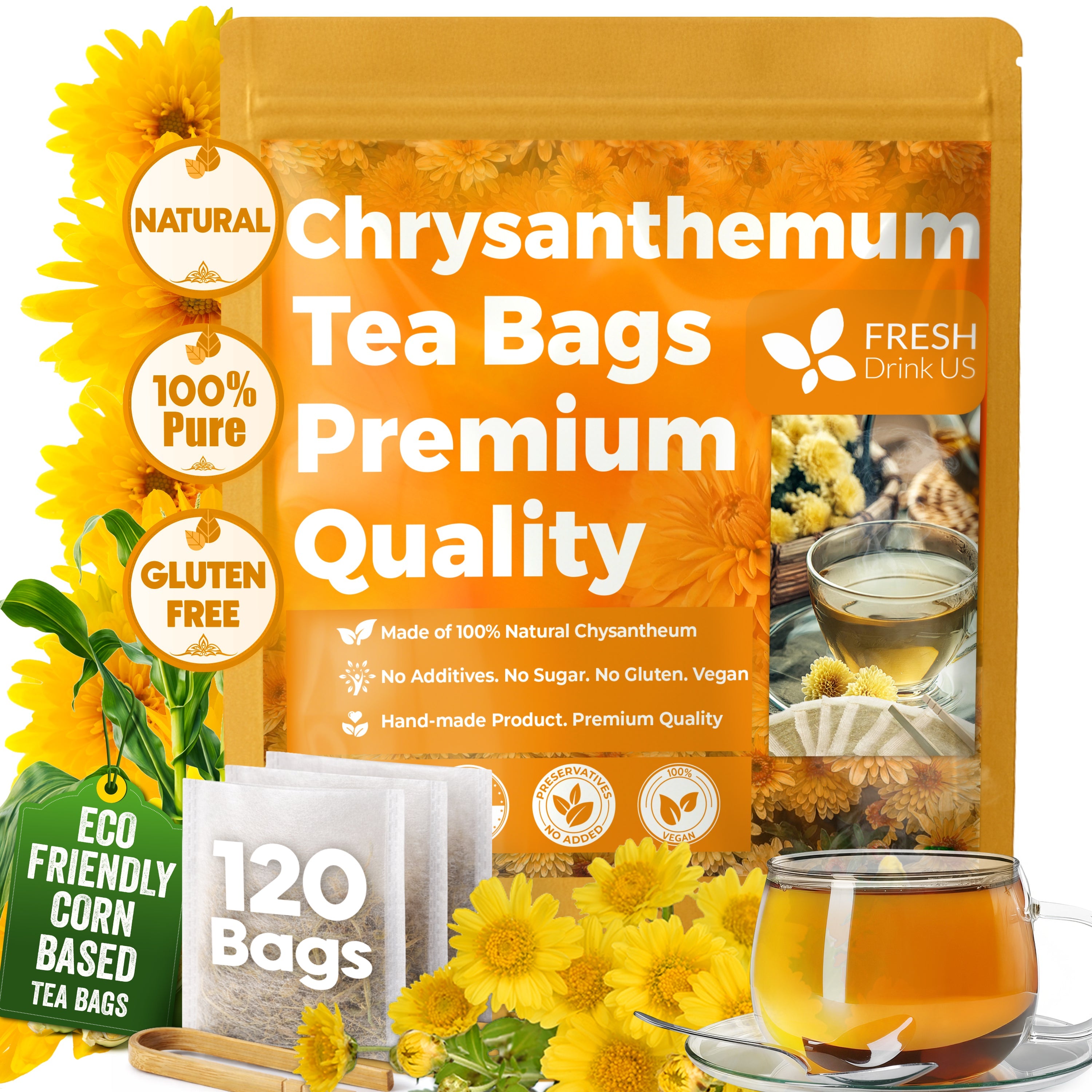 Premium Chrysanthemum Flower Tea Bags. Chrysanthemum Flower Herbal Tea. No Sugar, No Caffeine, No Gluten, Vegan. by FreshDrinkUS - Natural and Premium Herbal Tea