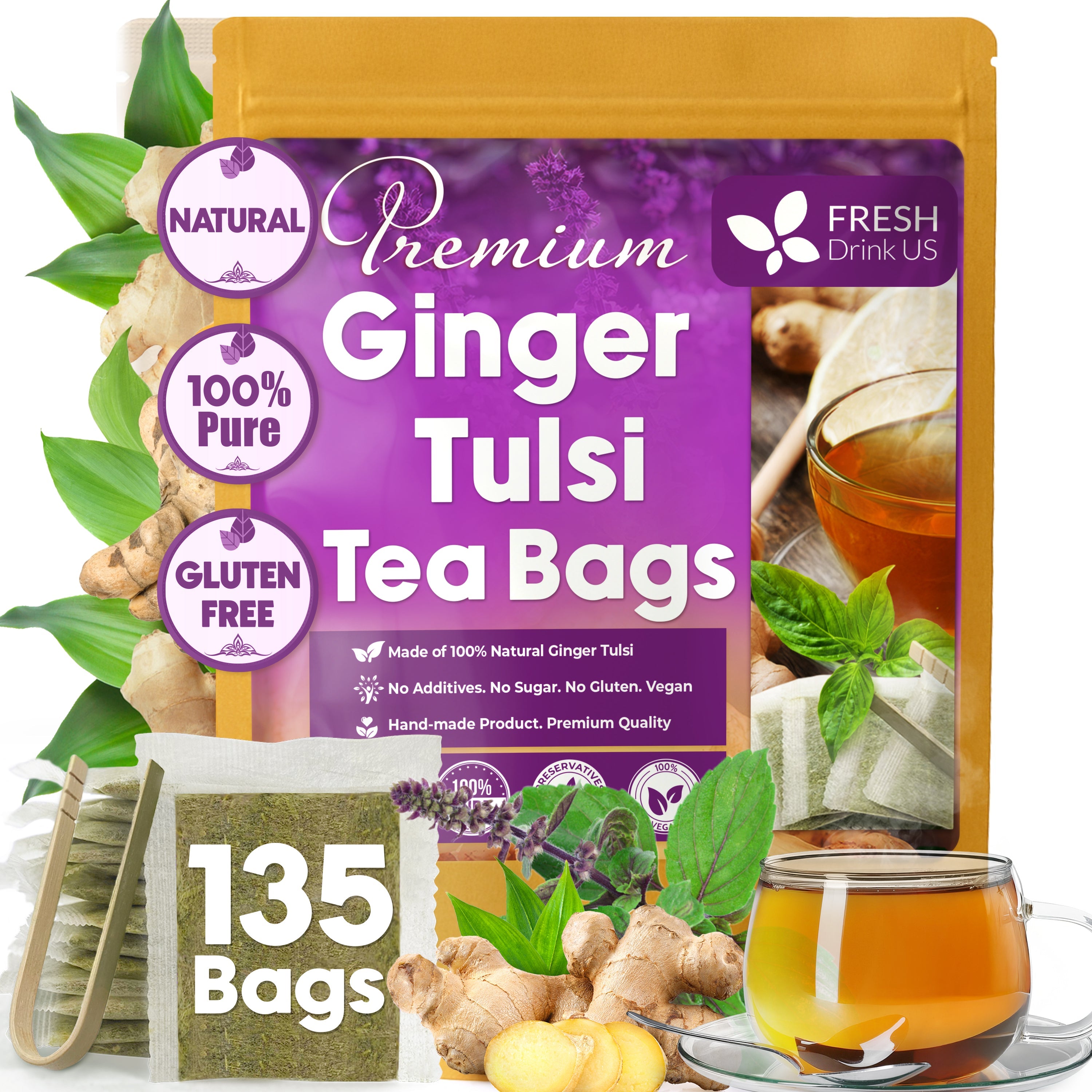 Premium Ginger Tulsi Tea Bags | Hand-made Blend of Ginger and Tulsi Holy Basil Leaves by FreshDrinkUS - Natural and Premium Herbal Tea