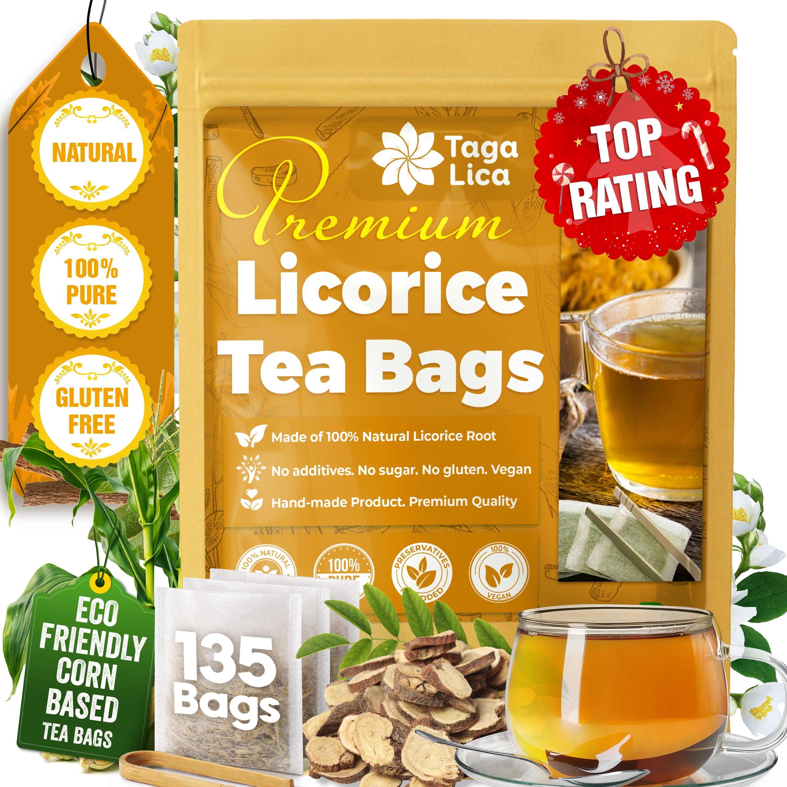 Premium Licorice Root Tea Bags, 100% Natural, Pure Licorice Root, Eco-Conscious Tea Bags, Licorice Root Herbal Tea, Licorice Root Tea. No Sugar, No Caffeine, No Gluten, Vegan by FreshDrinkUS - Natural and Premium Herbal Tea