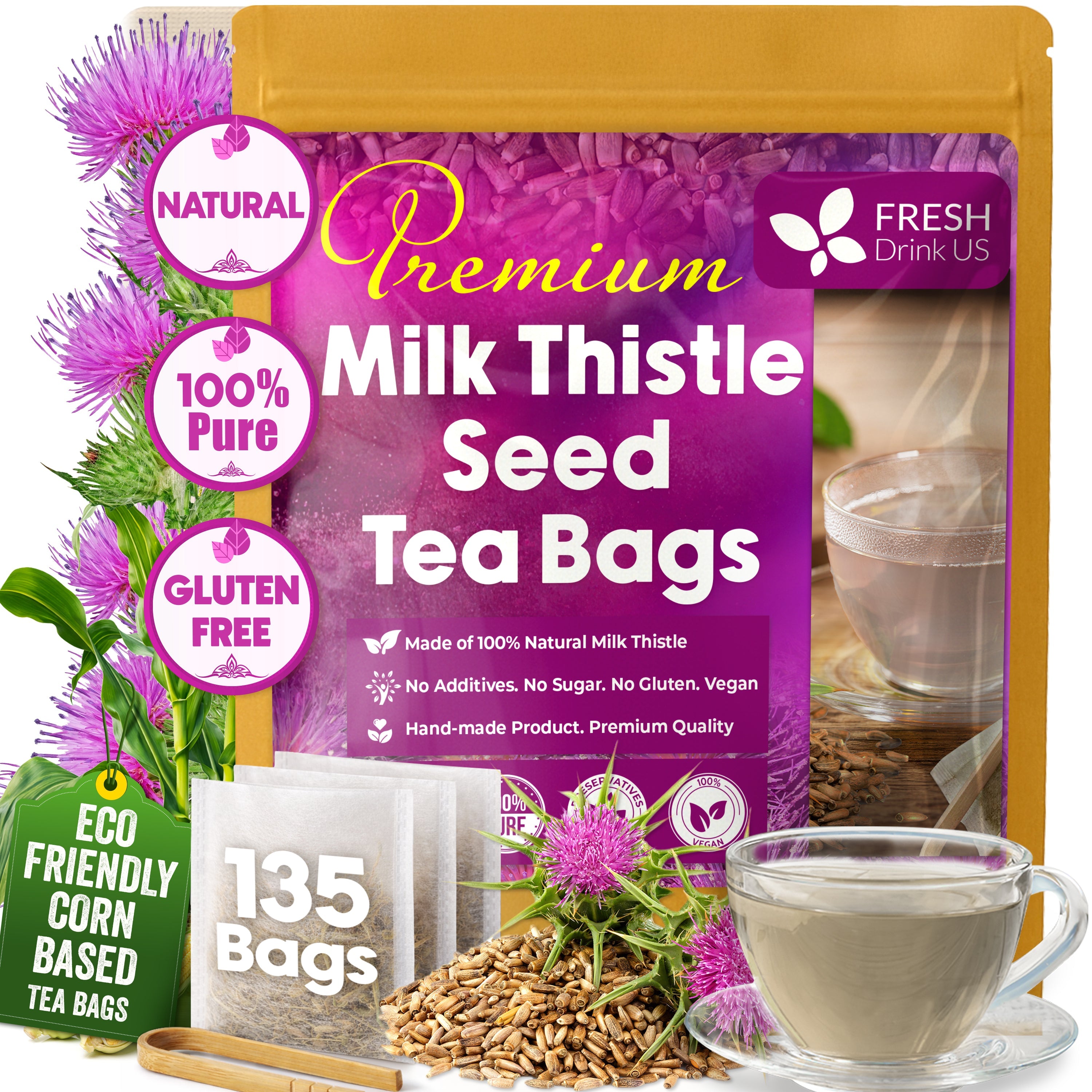 Premium Milk Thistle Tea Bags, 100% Natural & Pure from Milk Thistle Seeds. Milk Thistle Seed Herbal Tea. Milk Thistle Seed Tea. Made with Natural Material Tea Bags. No Sugar, No Caffeine, No Gluten, Vegan. by FreshDrinkUS - Natural and Premium Herbal Tea