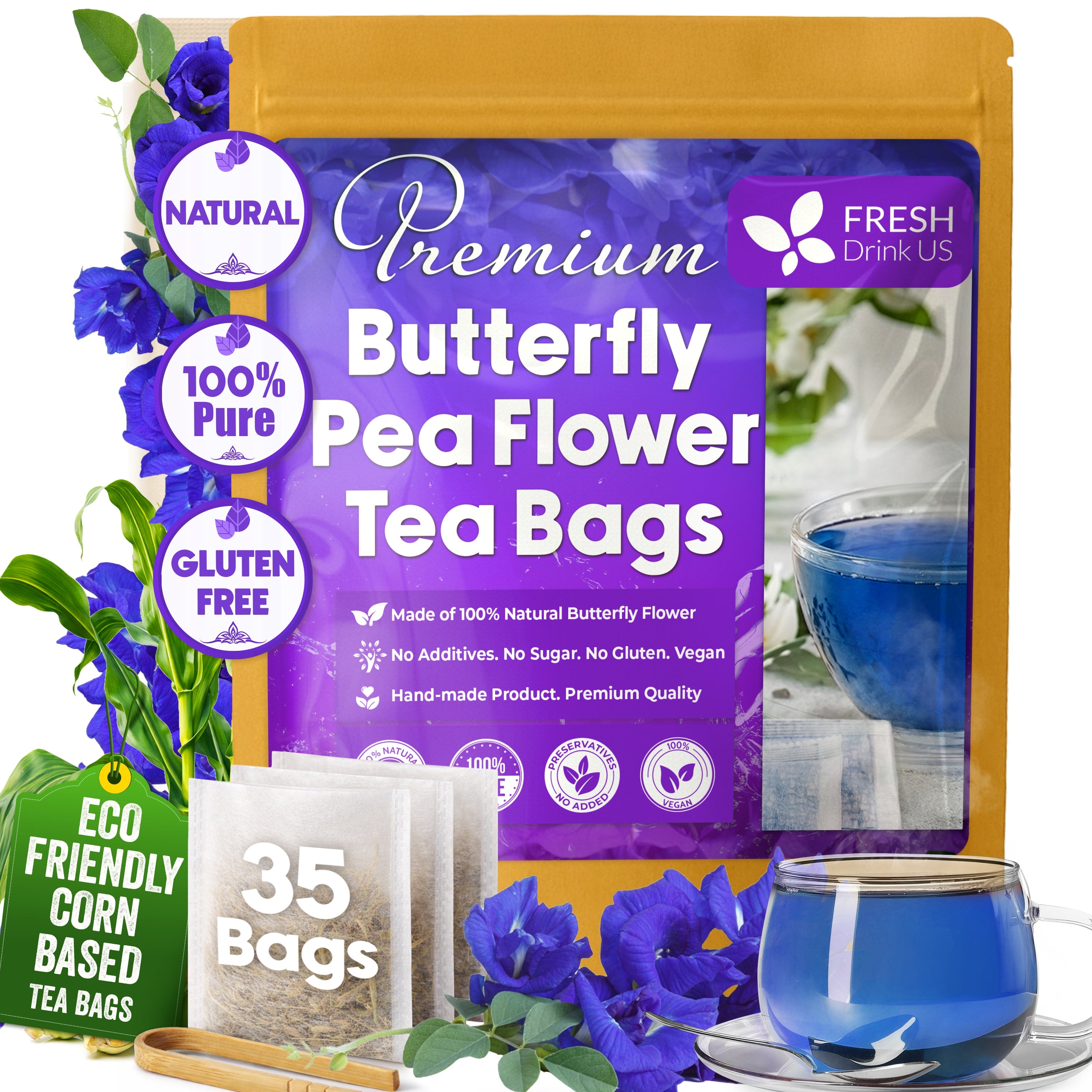 Premium Butterfly Pea Flowers, Tea Bags, 100% Natural and Pure from Butterfly Pea Flowers, Hand-made, Made With Natural Materials-Corn Fiber Tea Bag, Sugar/Caffeine/Gluten Free by FreshDrinkUS - Natural and Premium Herbal Tea