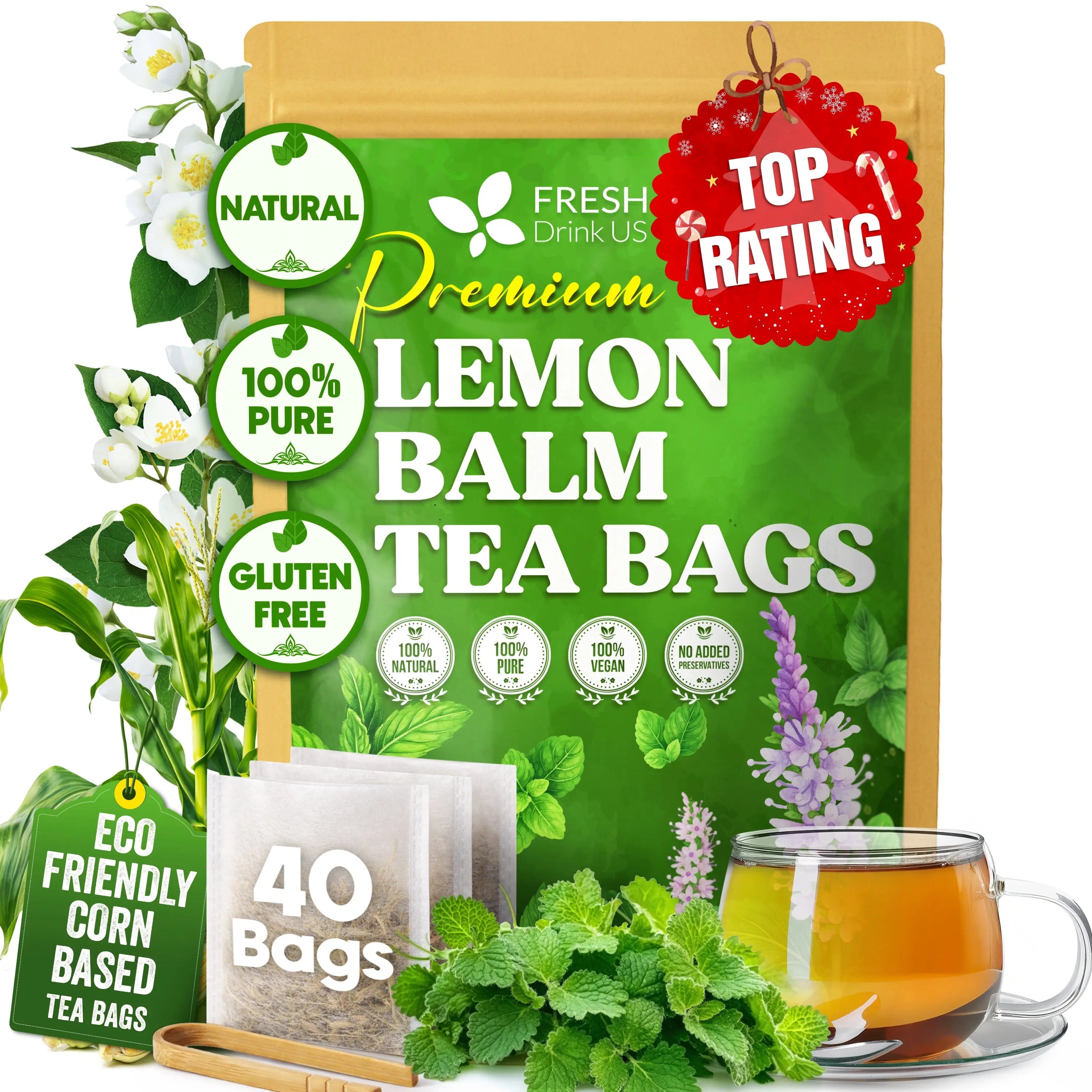 Premium Lemon Balm Leaf Tea Bags, 100% Natural & Pure from Lemon Balm Leaves. Loose Leaf Lemon Balm Herbal Tea. Lemon Balm Leaf Tea. No Sugar, No Caffeine, No Gluten, Vegan. by FreshDrinkUS - Natural and Premium Herbal Tea