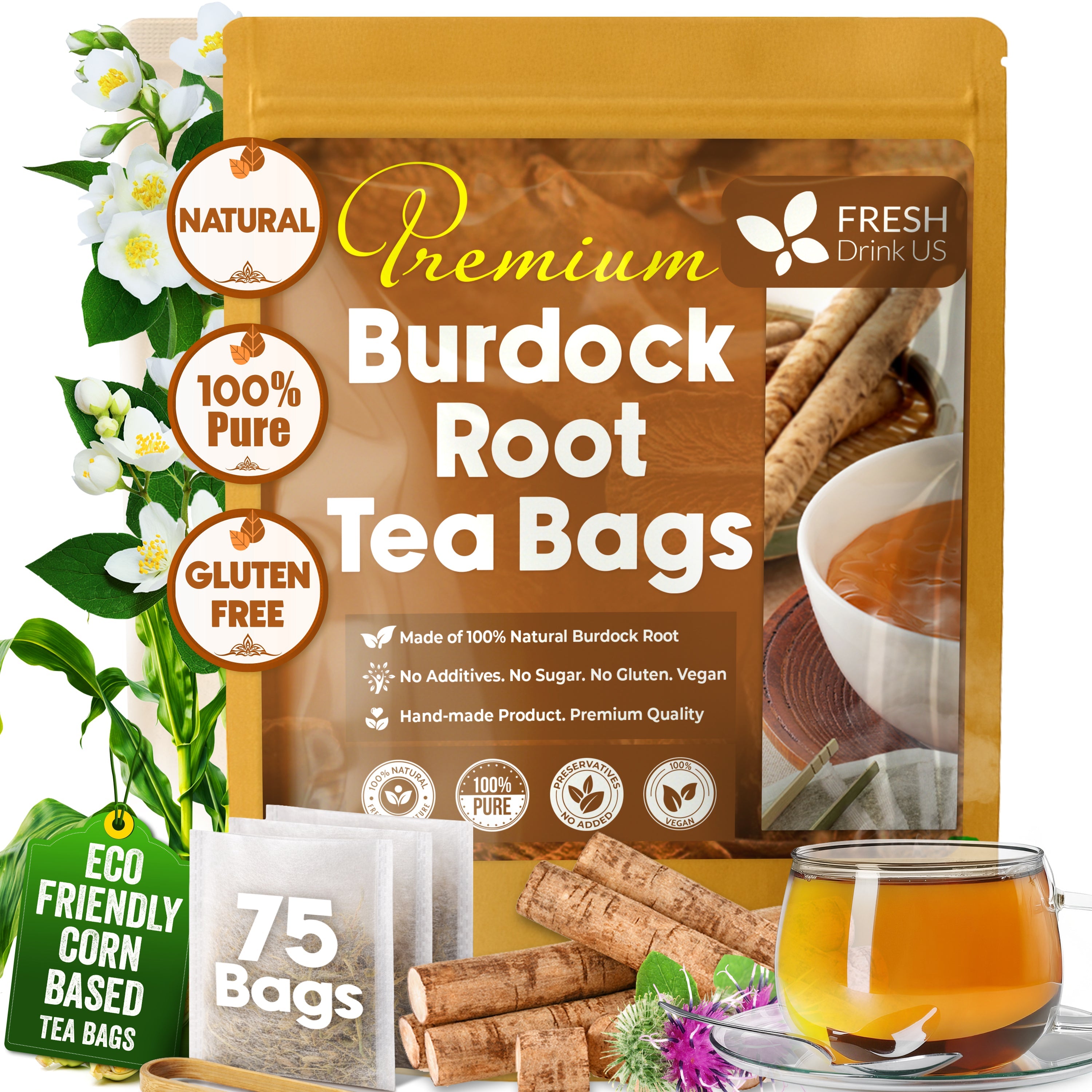 Burdock Root Tea Bags, 100% Natural & Pure from Burdock Root. Burdock Root Herbal Tea. Burdock Root Tea. No Sugar, No Caffeine, No Gluten, Vegan. by FreshDrinkUS - Natural and Premium Herbal Tea