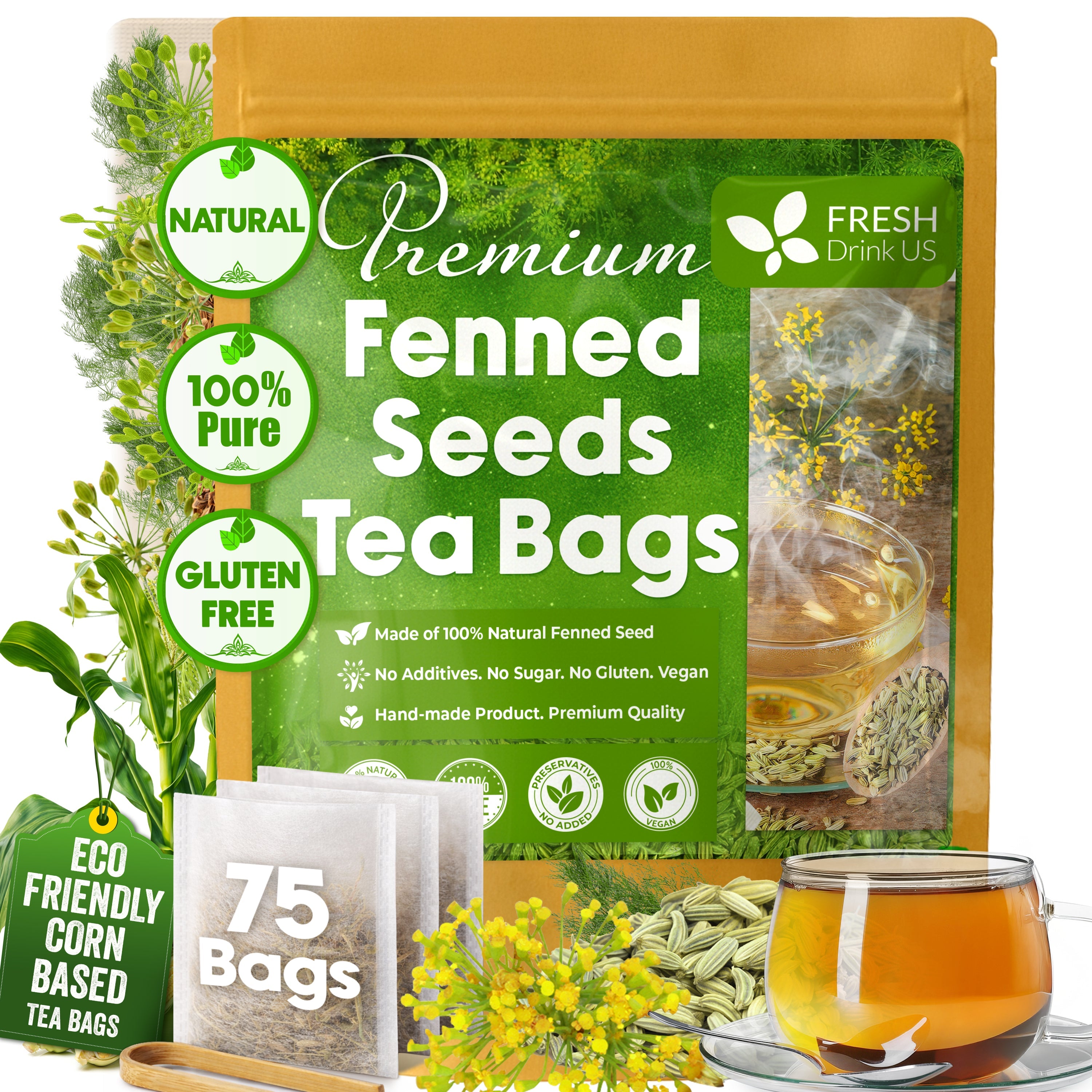 Premium Fennel Tea Bags, 100% Natural & Pure from Fennel Seeds. Fennel Seed Herbal Tea. Fennel Seed Tea. Made with Natural Material Tea Bags. No Sugar, No Caffeine, No Gluten, Vegan. by FreshDrinkUS - Natural and Premium Herbal Tea