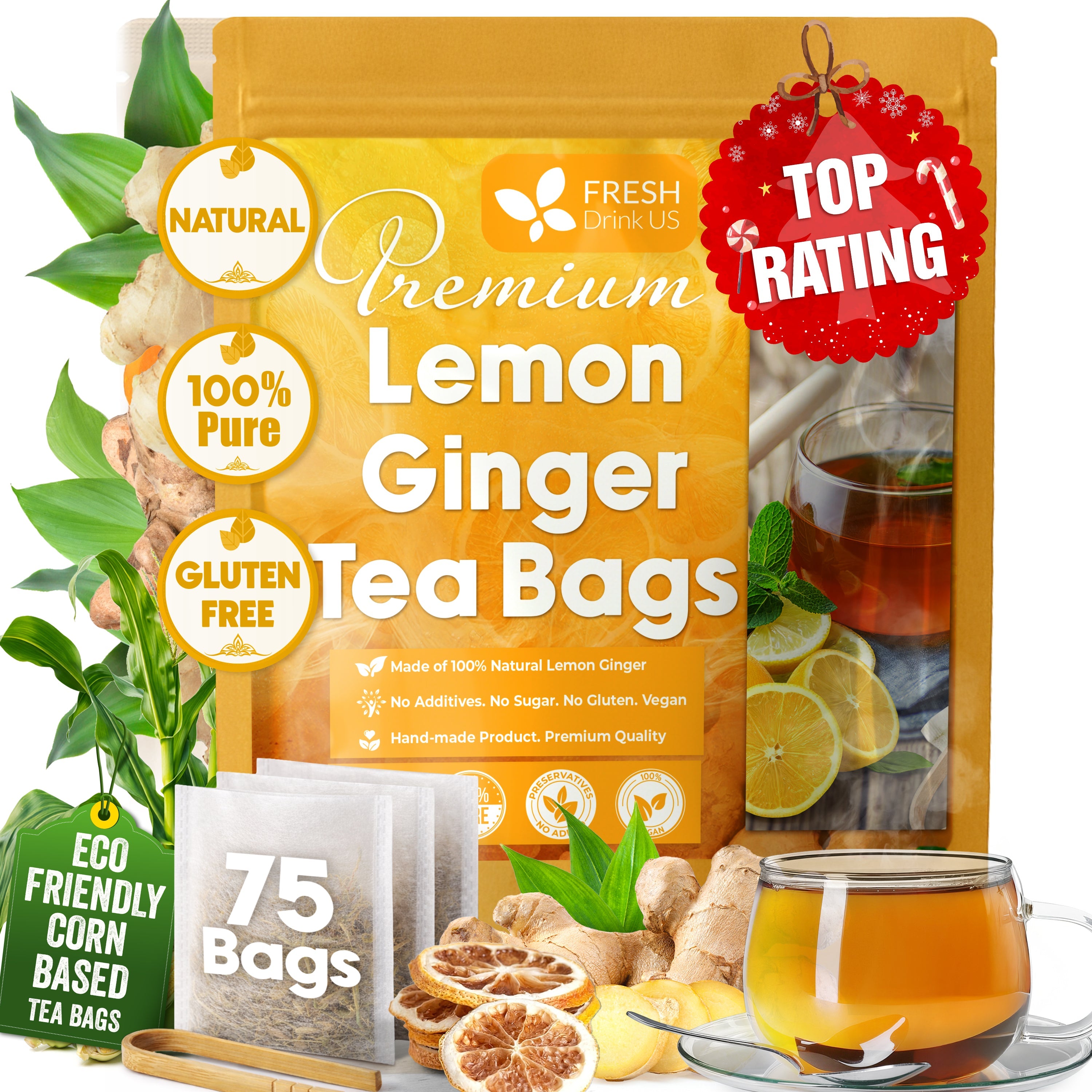 Premium Lemon Ginger Tea Bag, Eco-conscious Tea Bags. Lemon Ginger Herbal Tea. No Sugar, No Caffeine, No Gluten, Vegan. by FreshDrinkUS - Natural and Premium Herbal Tea