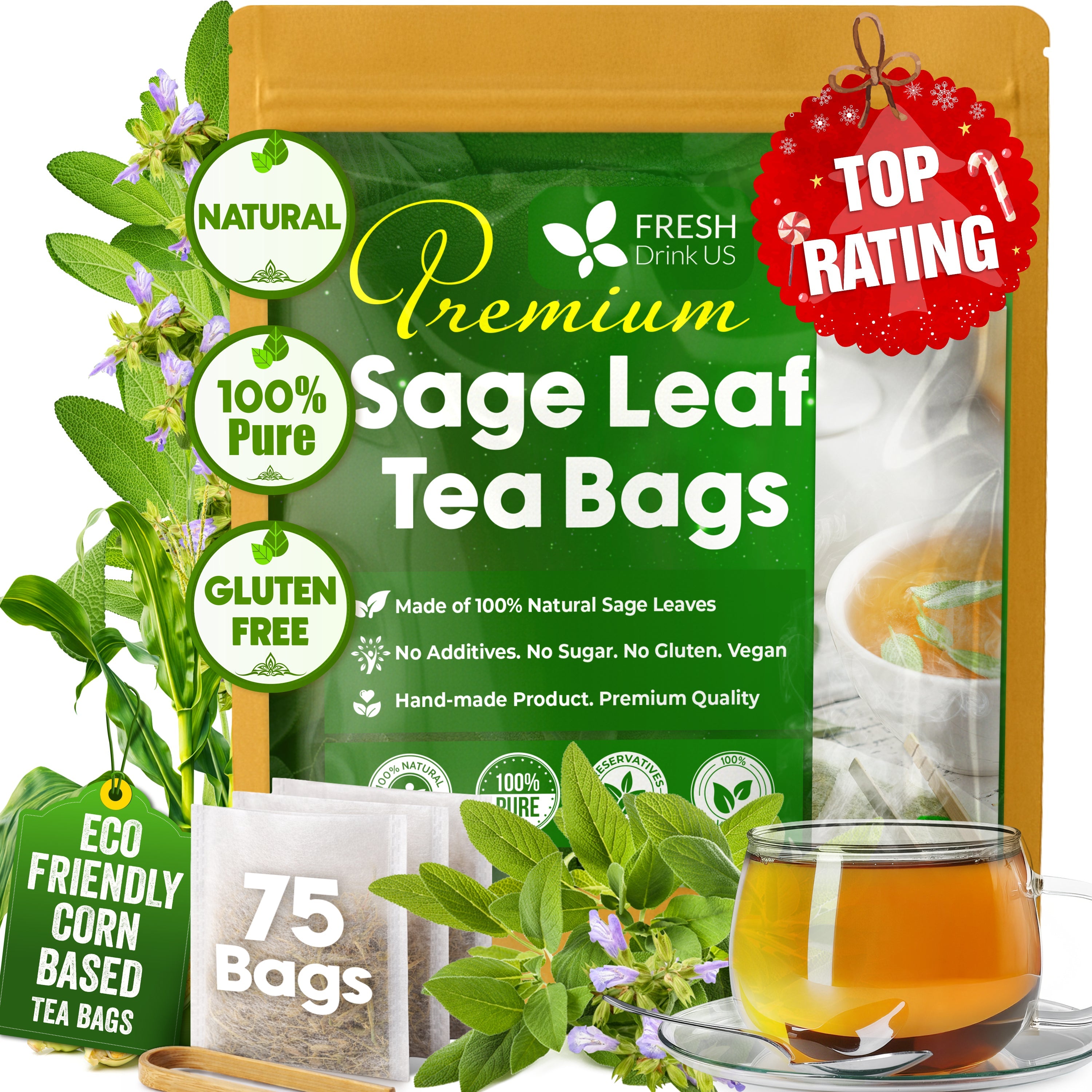 Sage Leaf Tea Bags, 100% Natural & Pure from Sage Leaves. Loose Leaf Sage Herbal Tea. Sage Leaf Tea. Made with Natural Material Tea Bags. No Sugar, No Caffeine, No Gluten, Vegan. by FreshDrinkUS - Natural and Premium Herbal Tea
