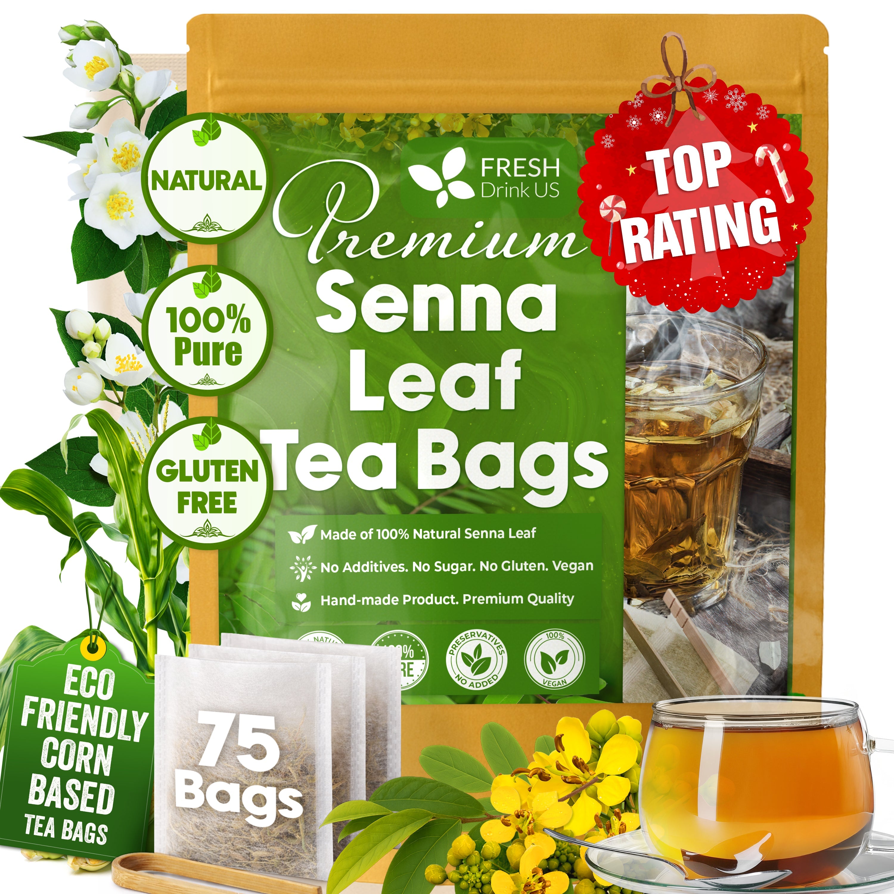 Premium Senna Leaf Tea Bags, 100% Natural & Pure from Senna Leaves. Loose Leaf Senna Herbal Tea, Made with Natural Material Tea Bags, Senna Leaf Tea. No Sugar, No Caffeine, No Gluten, Vegan. by FreshDrinkUS - Natural and Premium Herbal Tea