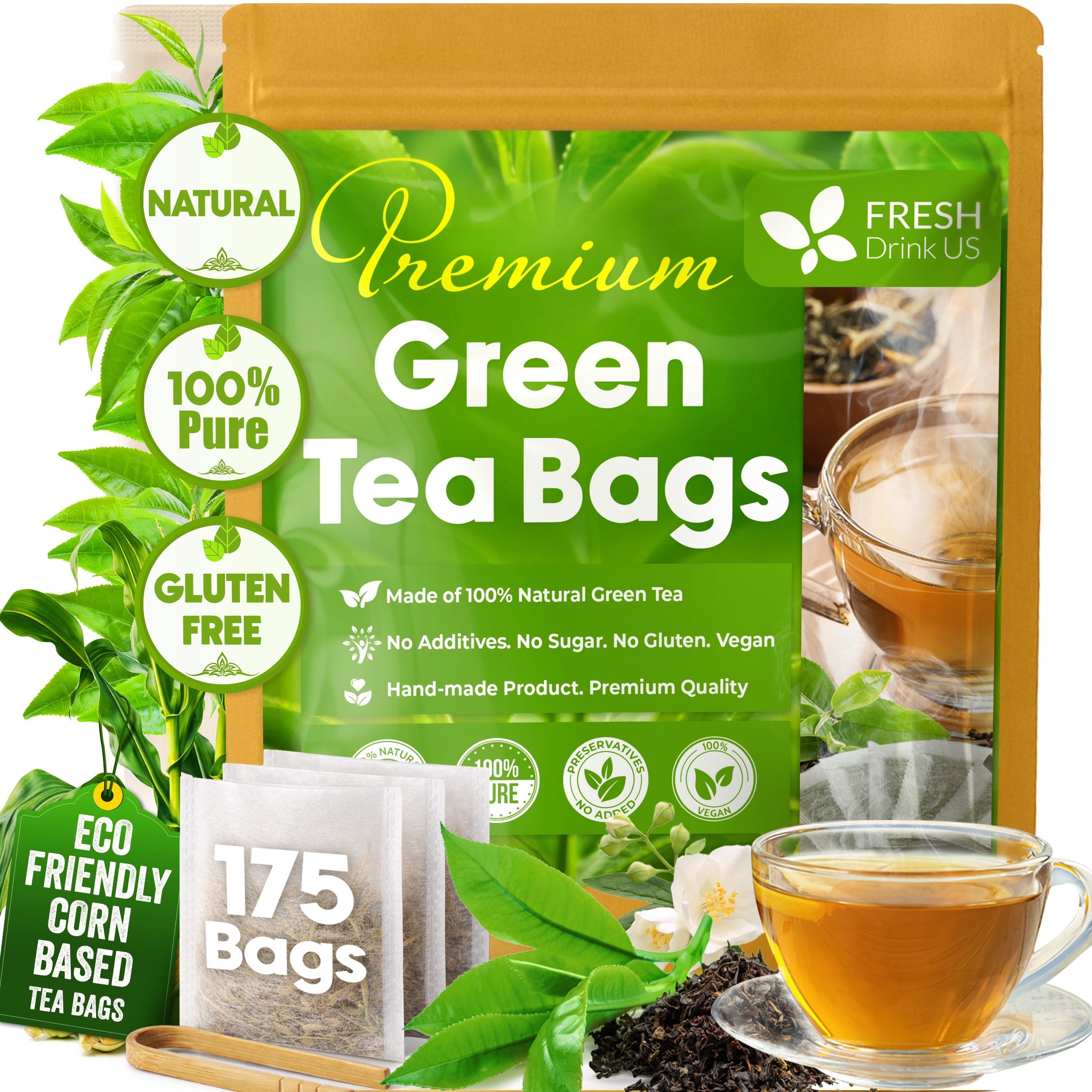 Premium Green Tea Bags, 100% Natural & Pure from Green Tea. Green Herbal Tea. No Sugar, No Gluten, Vegan by FreshDrinkUS - Natural and Premium Herbal Tea