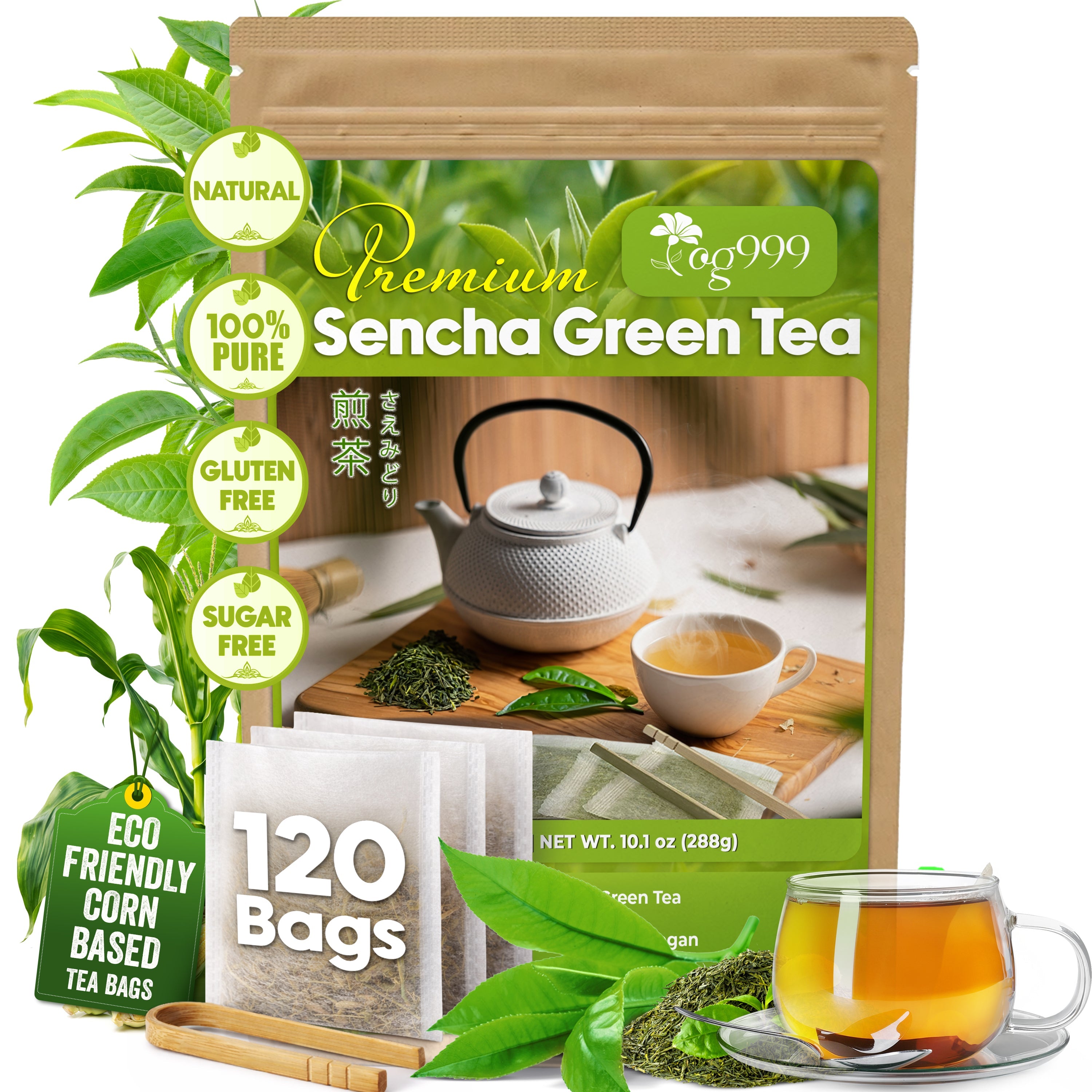 Premium Sencha Green Tea Bags, 100% Natural & Pure from Sencha Green Tea Leaves by FreshDrinkUS - Natural and Premium Herbal Tea