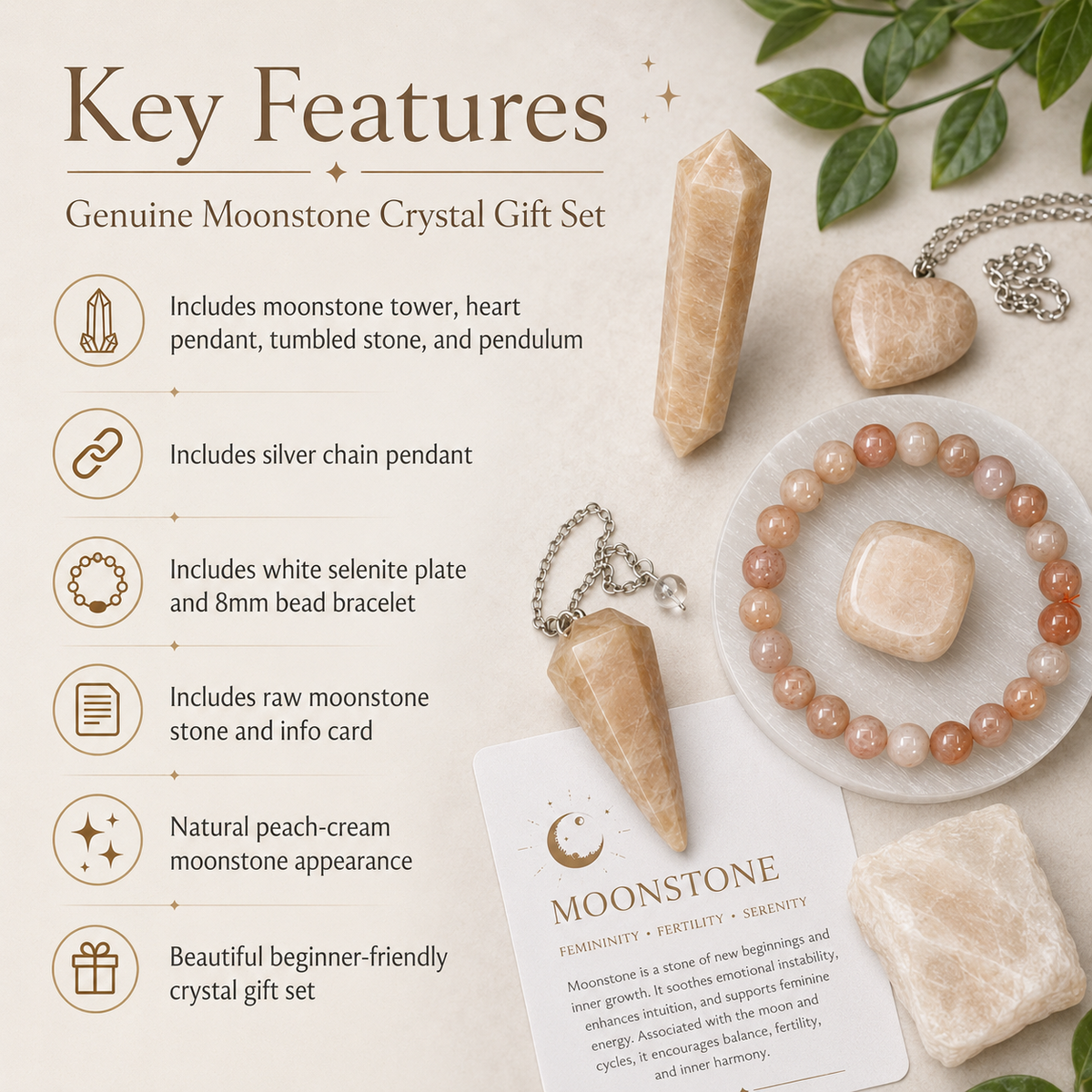 Moonstone Crystal Gift Set For Emotional Support and Protection, Real Polished Gemstones. DestGlow