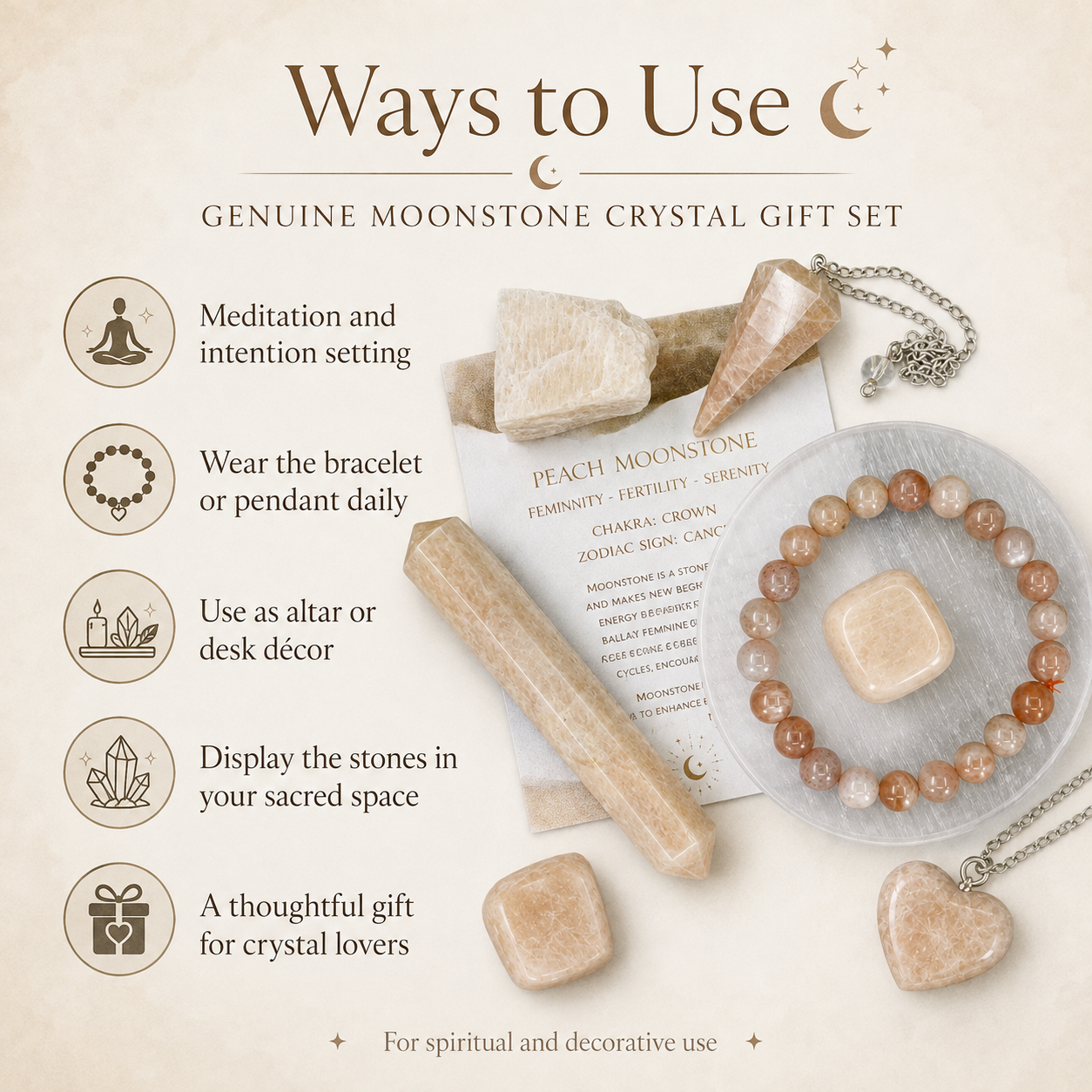 Moonstone Crystal Gift Set For Emotional Support and Protection, Real Polished Gemstones. DestGlow